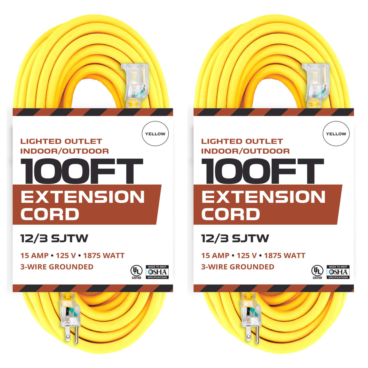 Iron Forge Cable 2 Pack Of 100 Foot Lighted Outdoor Extension Cord   12/3 Sjtw Heavy Duty Yellow Extension Cable With 3 Prong Gr