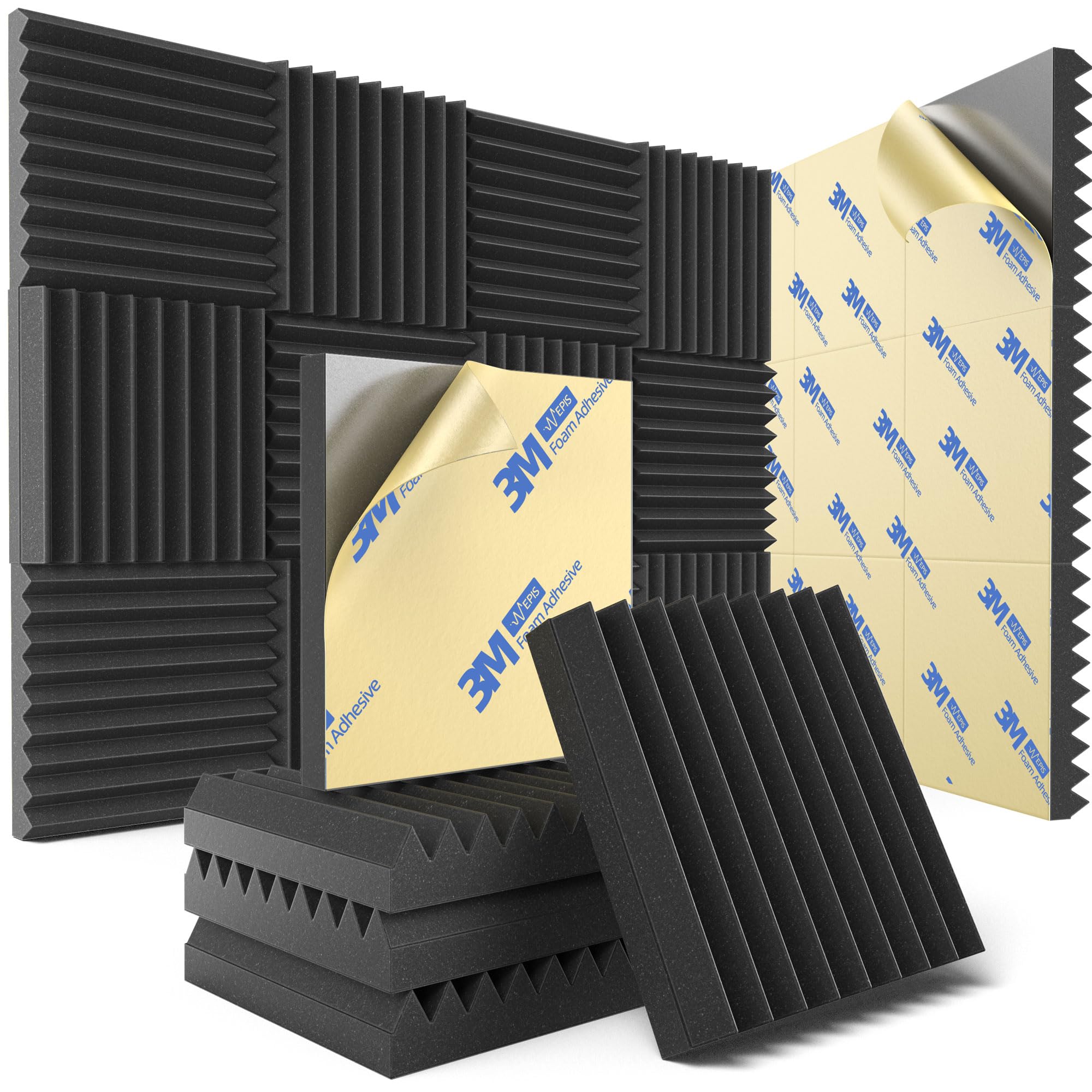12 Pack Sound Proof Foam Panels for Wall with Self Adhesive, 2 X 12 X 12 High Density Acoustic Panels Sound Absorbing Quick-Reco