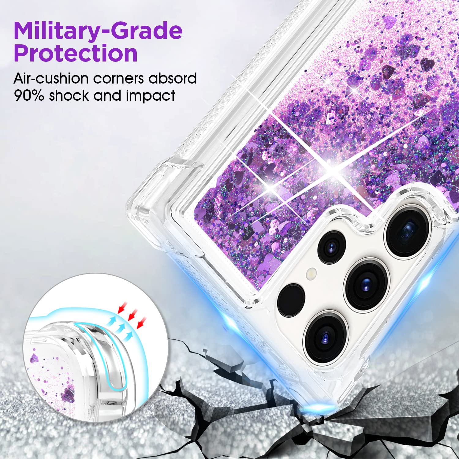 Anshow For Samsung Galaxy S23 Ultra 5G Case Glitter, Shockproof Clear Tpu Case For Galaxy S23 Ultra Case, Bling Purple Glitters