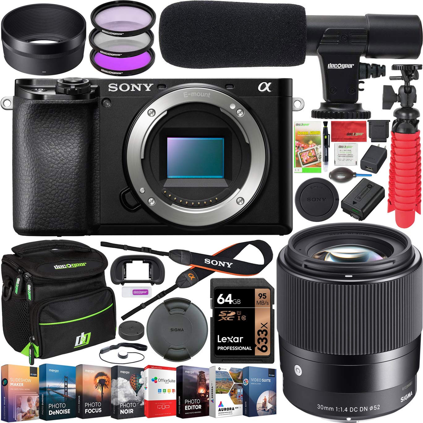 Sony a6100 Mirrorless Camera 4K APS-C Camera Body ILCE-6100B Bundle with Sigma 30mm F1.4 DC DN C Lens + Deco Gear Condenser Micr