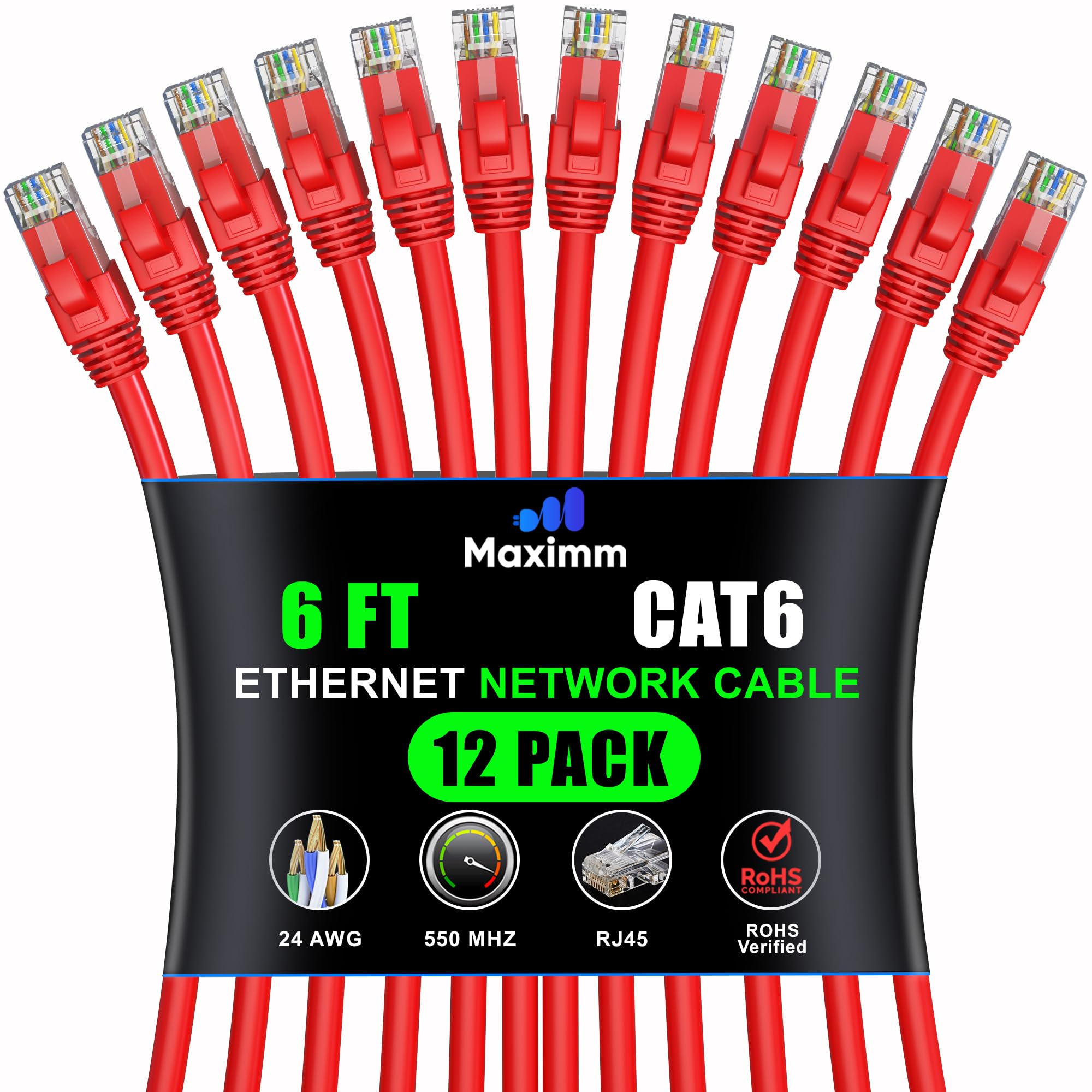 Maximm Cat 6 Ethernet Cable 6 Ft (12 Pack)   High Speed Lan Cable, Internet Cable, Patch Cable, And Network Cable   Utp, 10Gbps, 550Mhz Ethernet Cord   Red