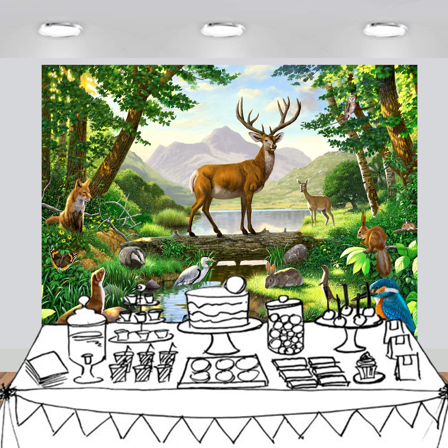 Woods Animals Deer By Lake Scenic Backdrop Large Banner Photography Studio Fabric Background Photobooth Prop 7X6Feet #2210
