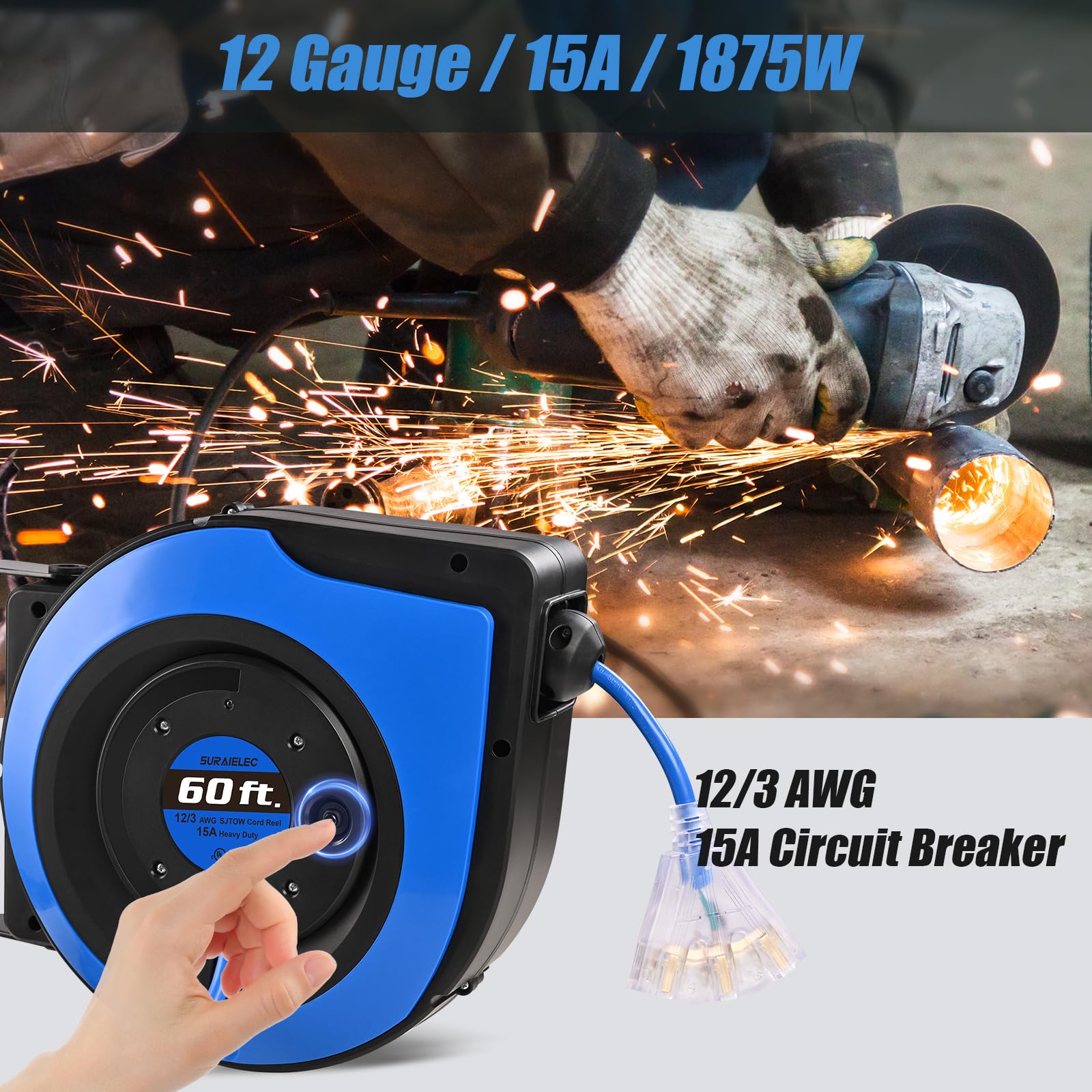 Suraielec 12 Gauge Retractable Extension Cord Reel, 60 Ft 12 Awg/3C Sjtow Heavy Duty Power Cord, 3 Outlets Triple Tap, 15 Amp Ci