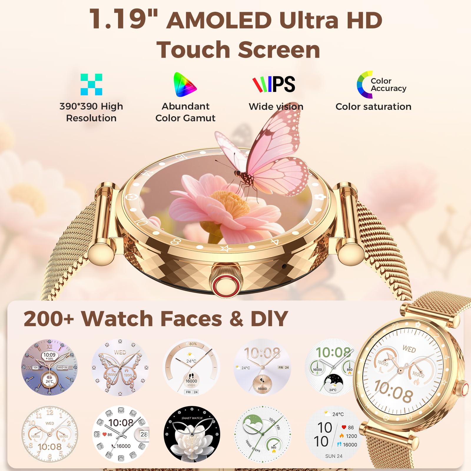 Smart Watch For Women, 1.19 '' Amoled Display Fitness Tracker Bluetooth Make/Answer Call, Watches With 110+ Sports Modes/Heart R