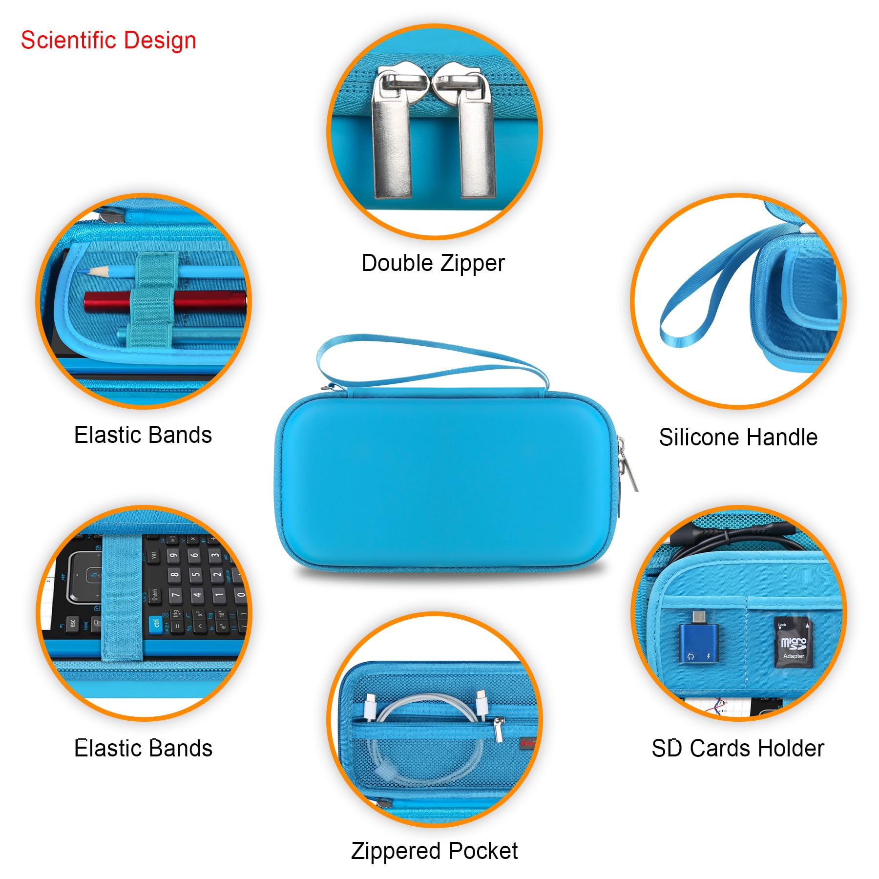 Elonbo Hard Travel Case For Texas Instruments Ti Nspire Cx Ii Cas/Cx Ii/Cx Cas Color Graphing Calculator, Extra Zipped Pocket Fits Charging Cable, Charger, Manual, Blue