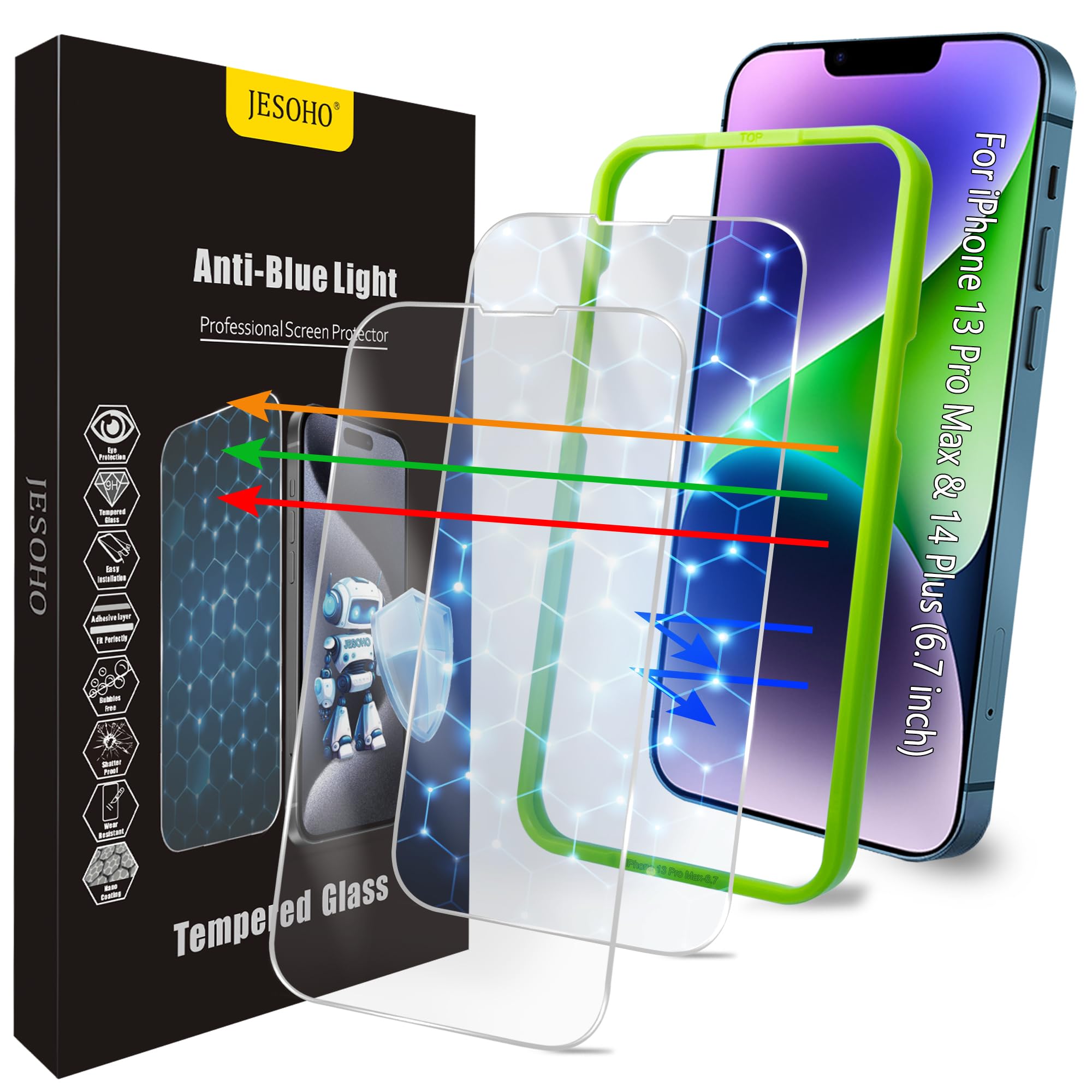 JESOHO Colorless Blue Light Screen Protector for iPhone 13 Pro Max/14 Plus [6.7 Inch] Tempered Glass Films, HD Clear, 9H Hardnes