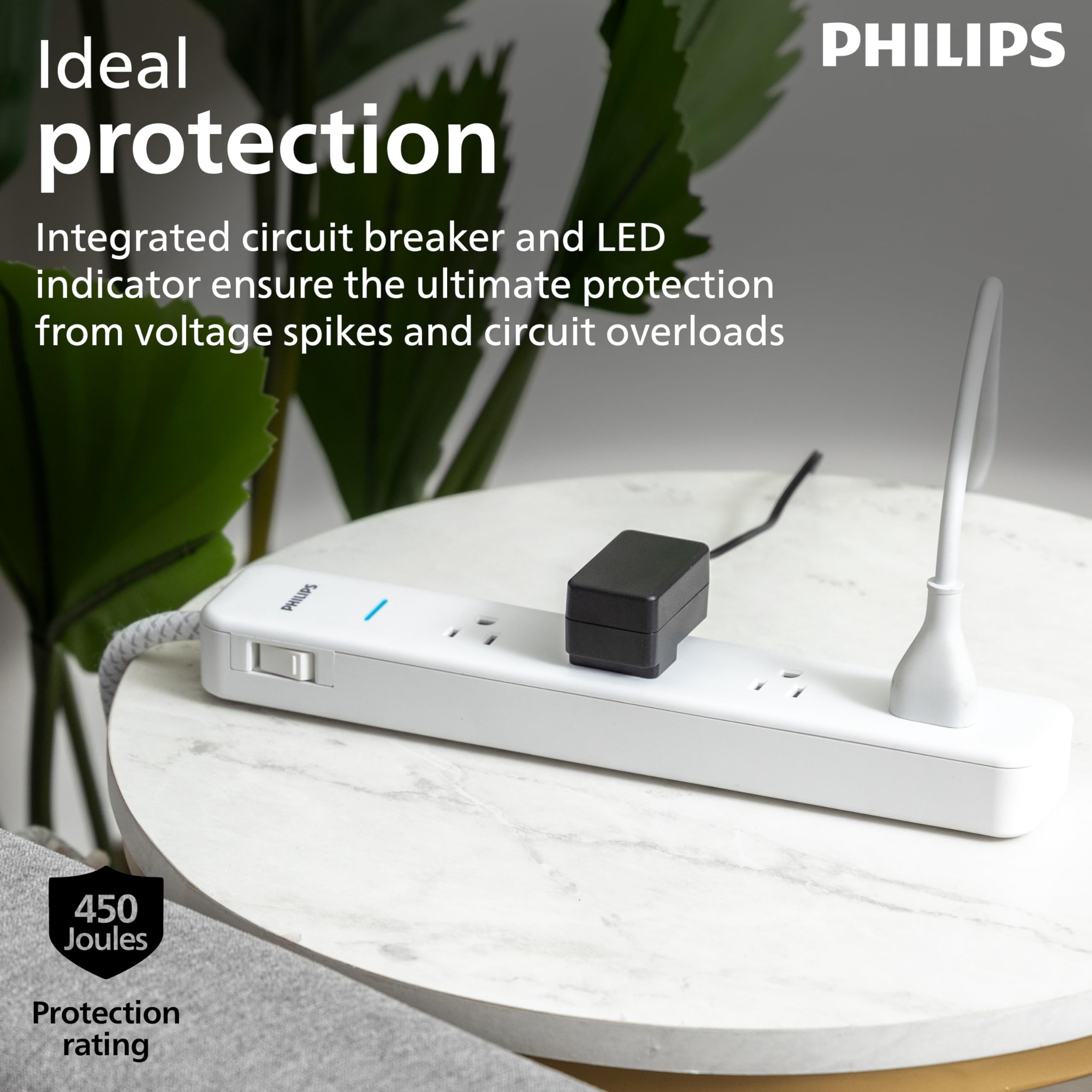Philips 4 Outlet Surge Protector, 4Ft Braided Extension Cord, 450J, Adapter Spaced, White   Spp3563W/37