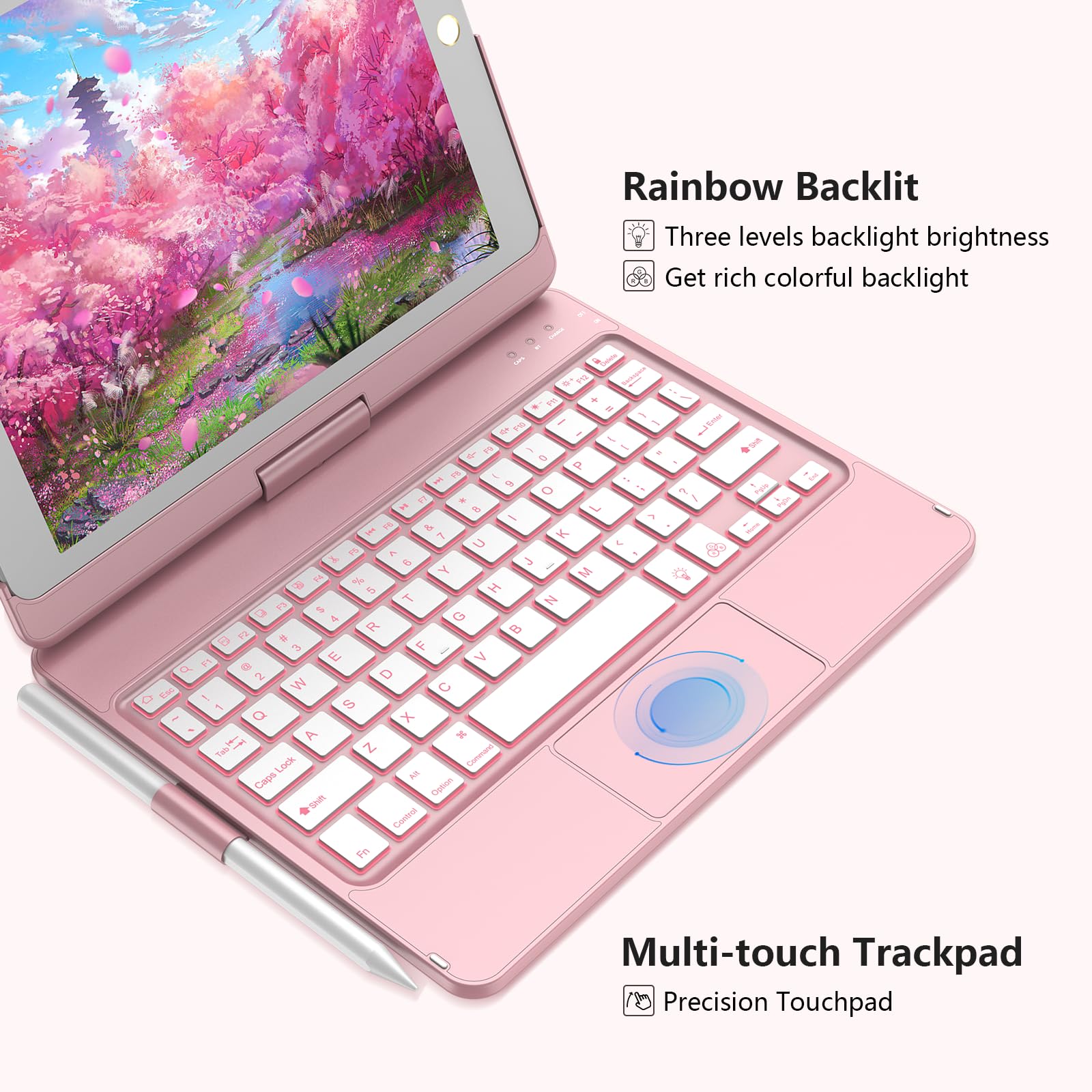 Kbcase Touchpad Keyboard Case For Ipad 9Th/8Th/7Th 10.2 Inch, Backlit Trackpad Keyboard, 360Rotatable Case With Pencil Holder Fo