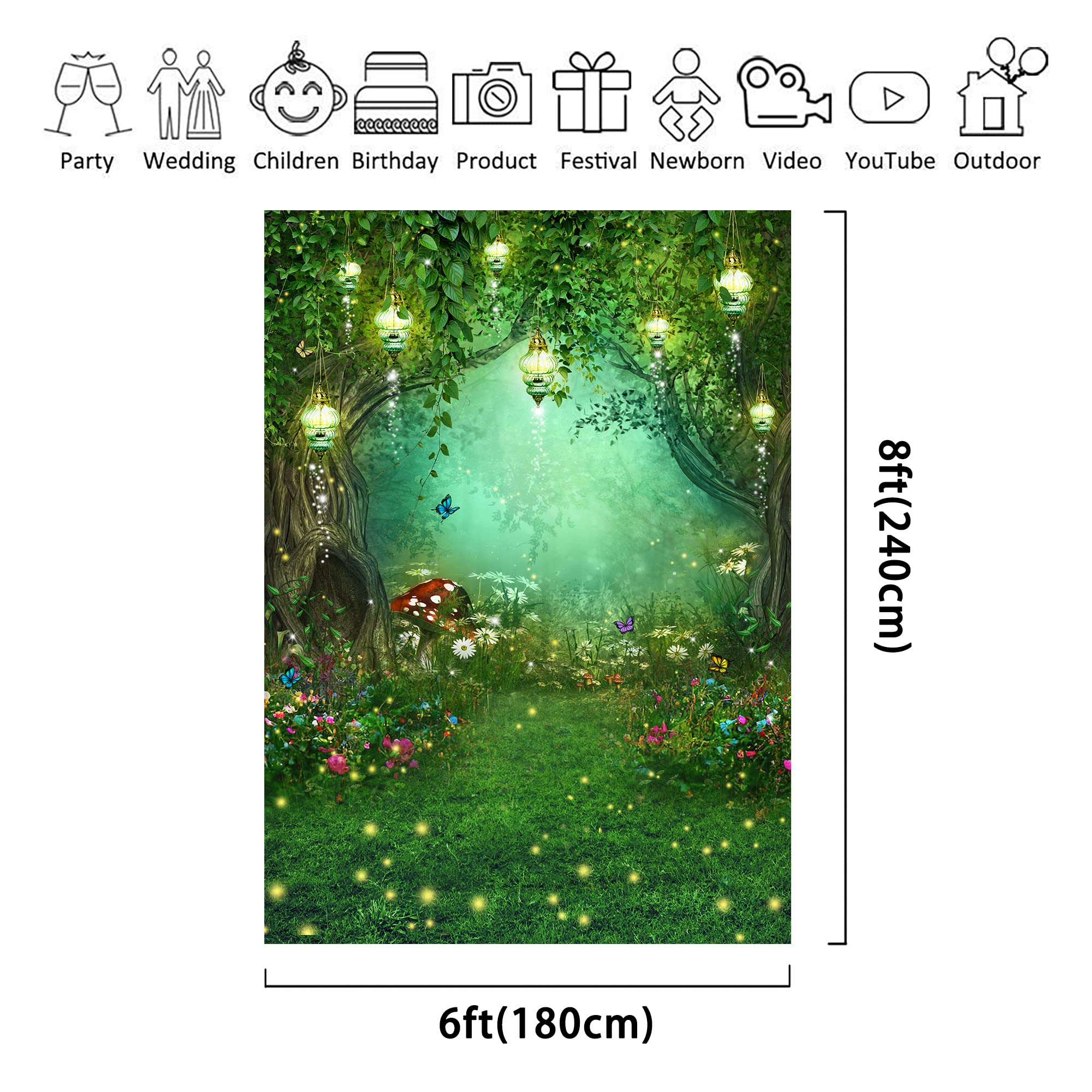 Riyidecor Enchanted Backdrop Polyester Fabric Wonderland Green Fairy Tale Butterfly Woodland Spring 6Wx8H Feet Dream Mushroom Ph
