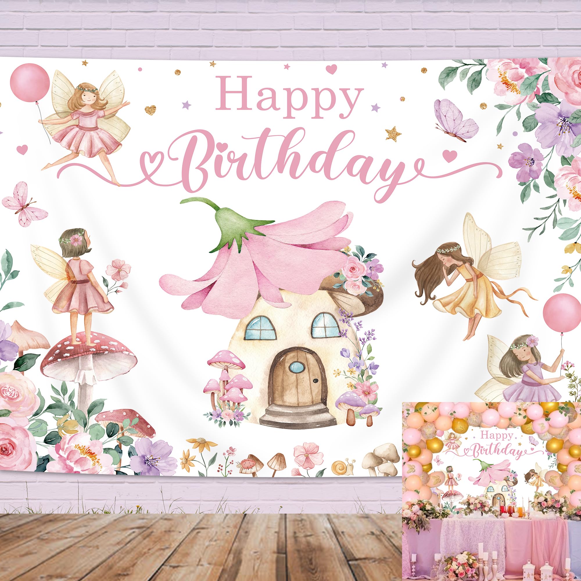Imirell Fairy Birthday Backdrop 7Wx5H Feet Girls Floral Butterfly Mushroom Wonderland Polyester Fabric Watercolor Cartoon Nurser