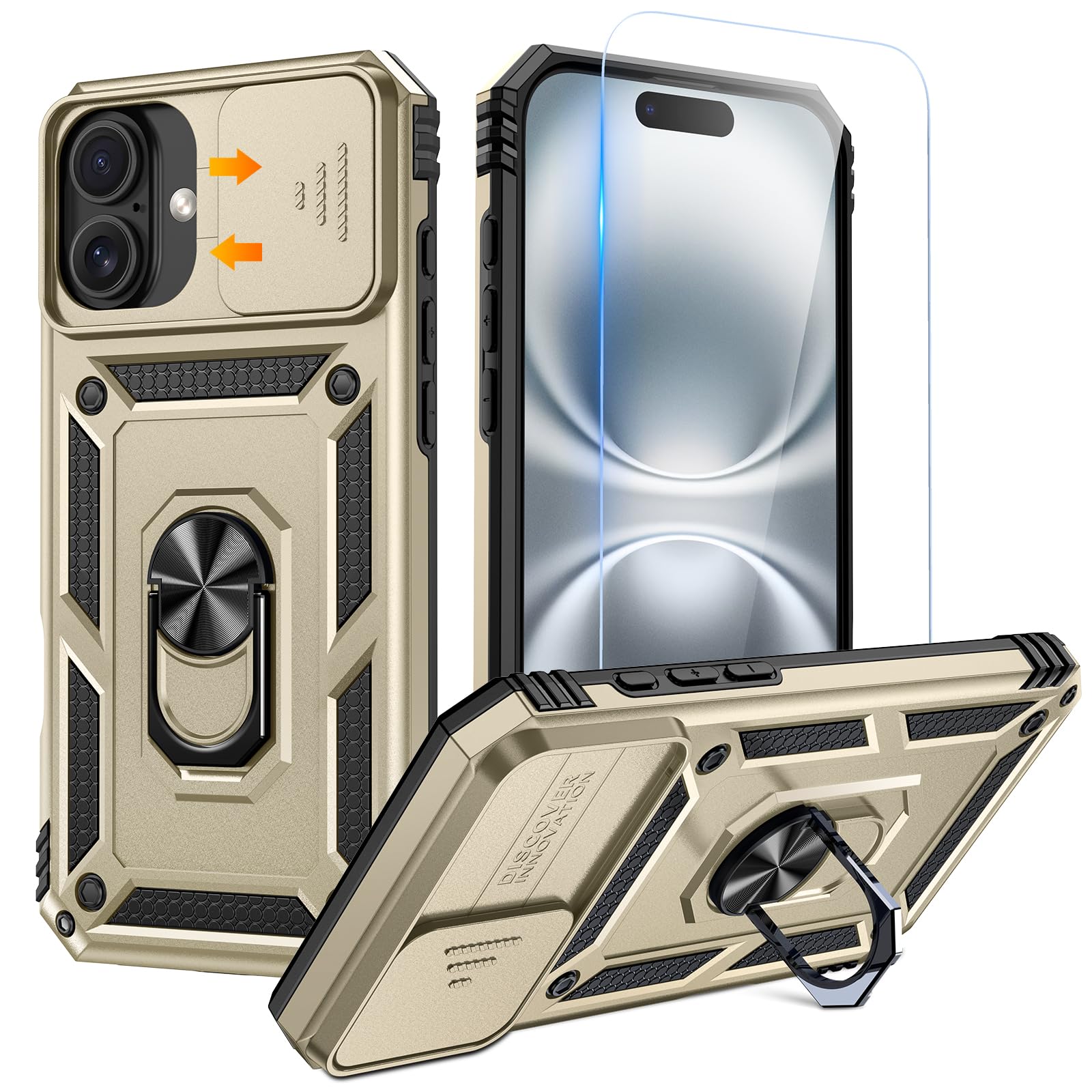 Goton Compatible For Iphone 16 Plus Case With Screen Protector   Slide Camera Cover Protective Phone Case With Ring Stand, Heavy