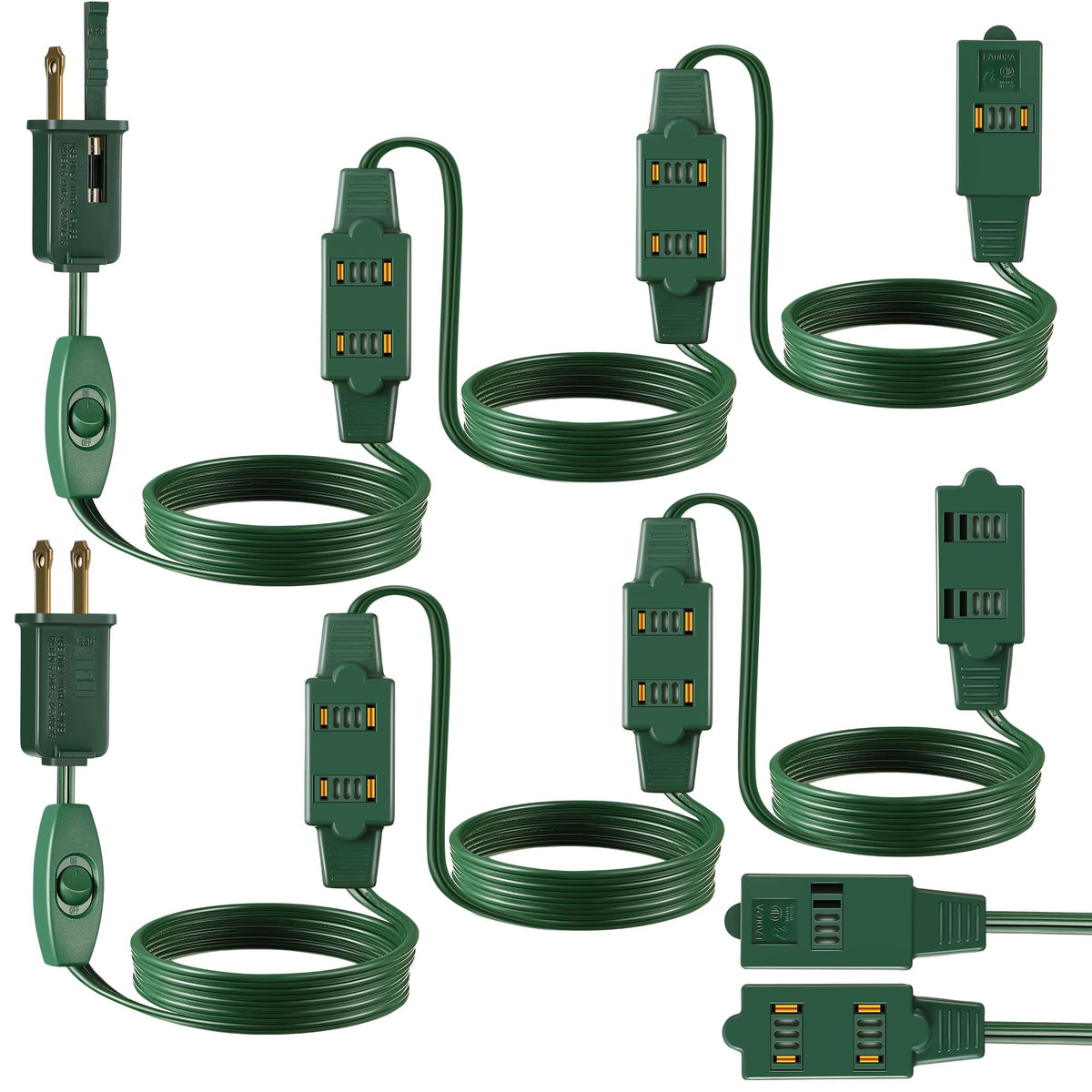 Enhon 2 Pcs 15 Ft Green Extension Cord With 9 Outlets And On/Off Switch, Christmas Tree Light Extension Cord With Safety Fuse Ma