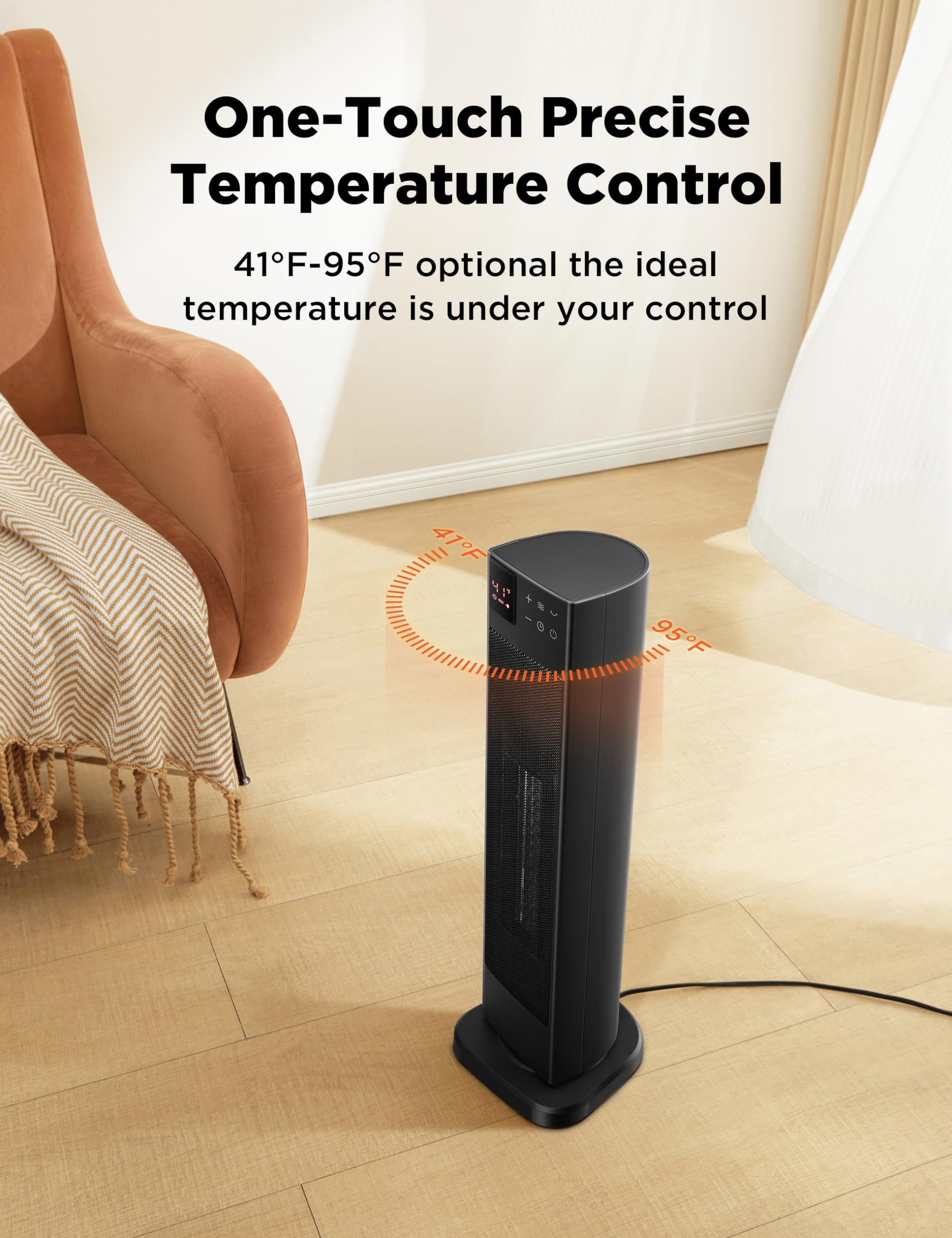 Pelonis Oscillating Ceramic Tower Indoor Space Heater For Home With Oscillation, Programmable Thermostat & Eco Mode, 12H Timer &