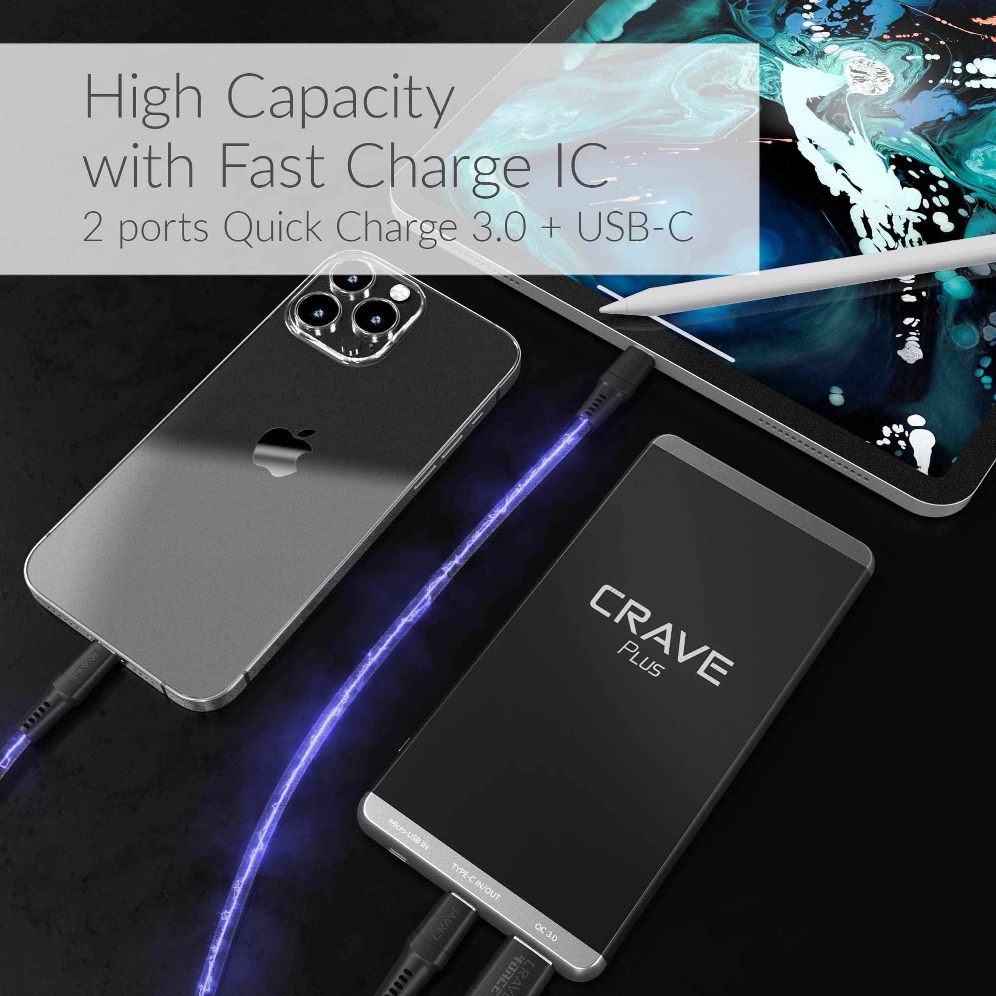 Crave Slim Power Bank 10000mAh - Aluminum Portable Charger with Quick Charge QC 3.0 USB & Type C, Model CRVPB10P1
