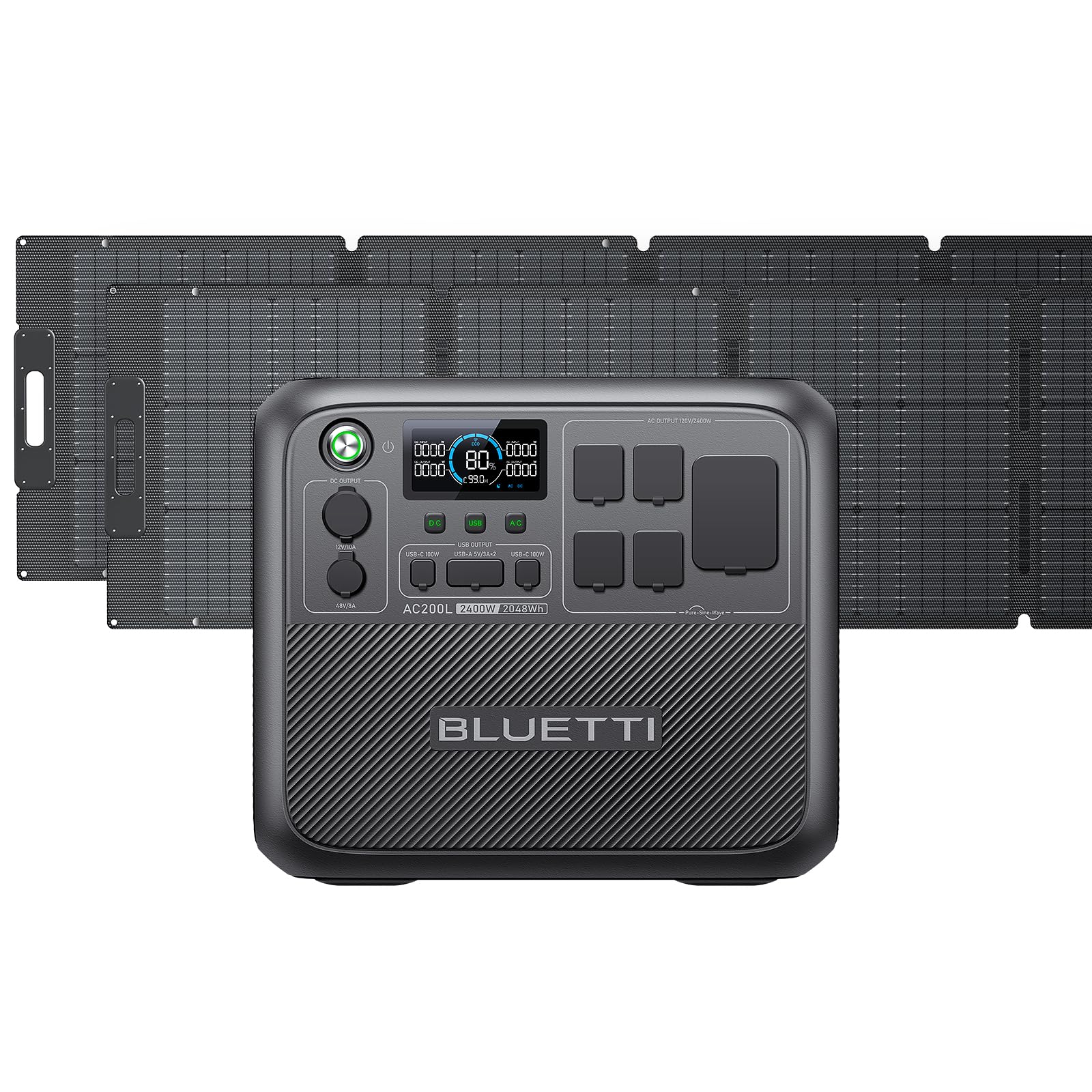 Bluetti Portable Power Station Ac200L With 2 200W Solar Panel Included, 2048Wh Lifepo4 Battery Backup W/ 4 2400W Ac Outlets (360