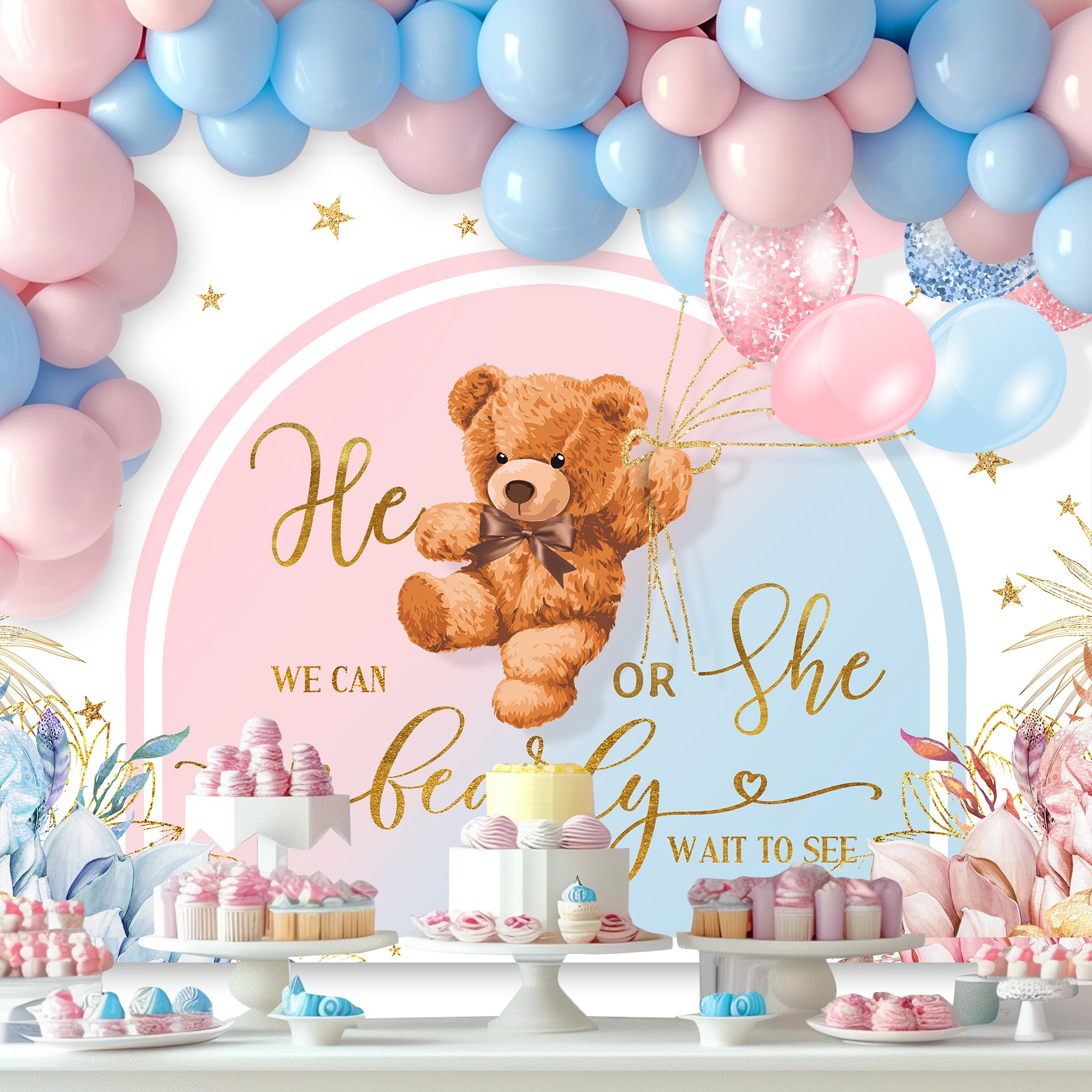Lightinhome He Or She Gender Reveal Backdrop 7Wx5H Feet Pink Or Blue We Can Bearly Wait Boho Floral Cartoon Cute Bear Baby Showe