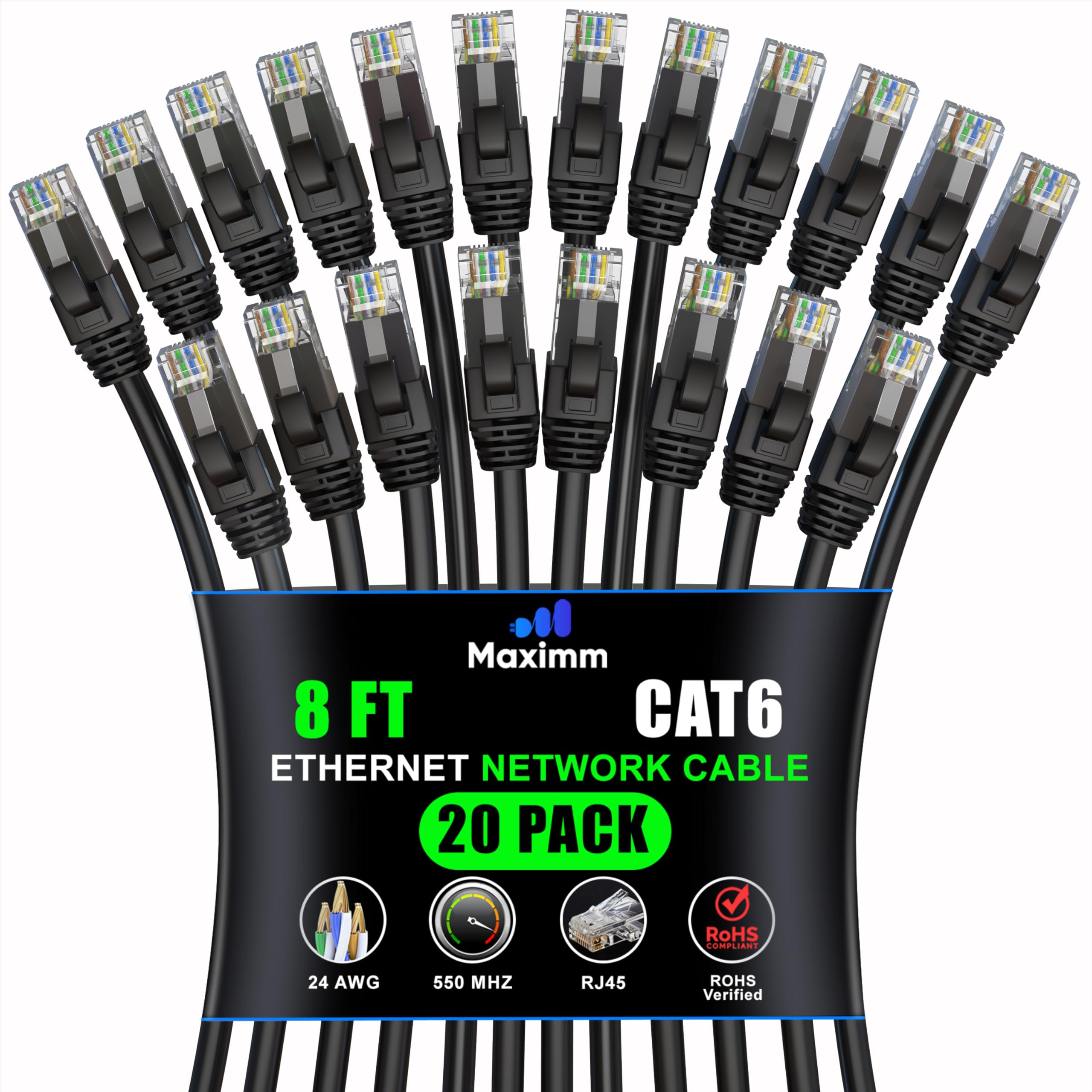 Maximm Cat 6 Ethernet Cable 8 Ft (20 Pack)   High Speed Lan Cable, Internet Cable, Patch Cable, And Network Cable   Utp, 10Gbps, 550Mhz Ethernet Cord   Black
