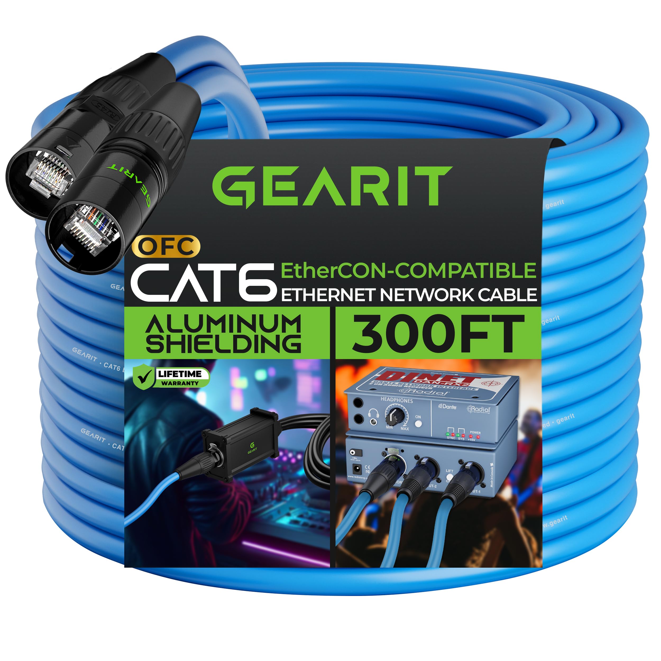Gearit Cat6 Ethernet Cable, Ethercon Compatible (300 Feet) Rj45 Connectors For Pro Audio, Aluminum Shielded, Oxygen Free Copper