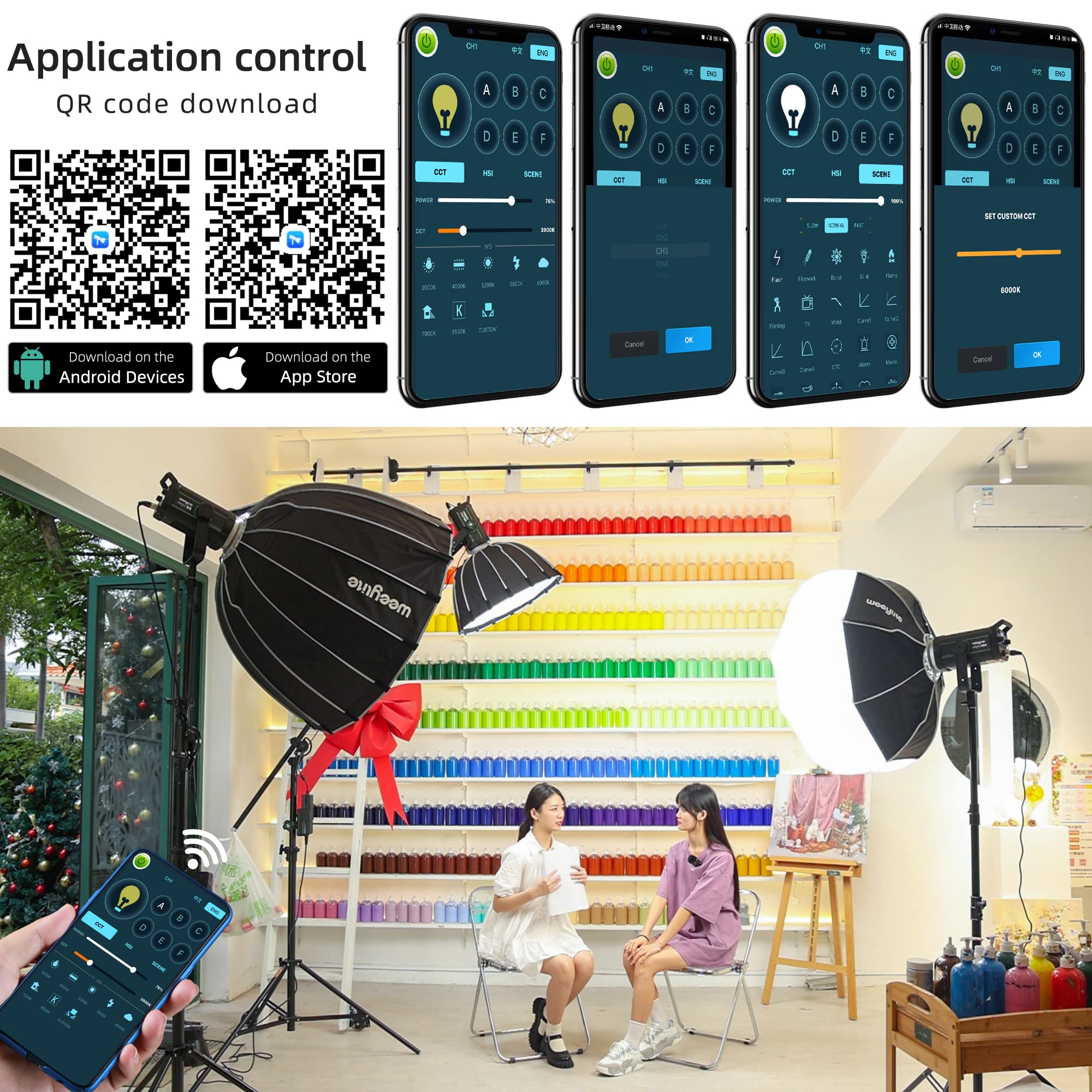 200W 22000Lm Bi Color Bowens Mount Led Photography Lighting, 79000Lux@1M App Control Film Lighting 2800K 6800K Professional Stud