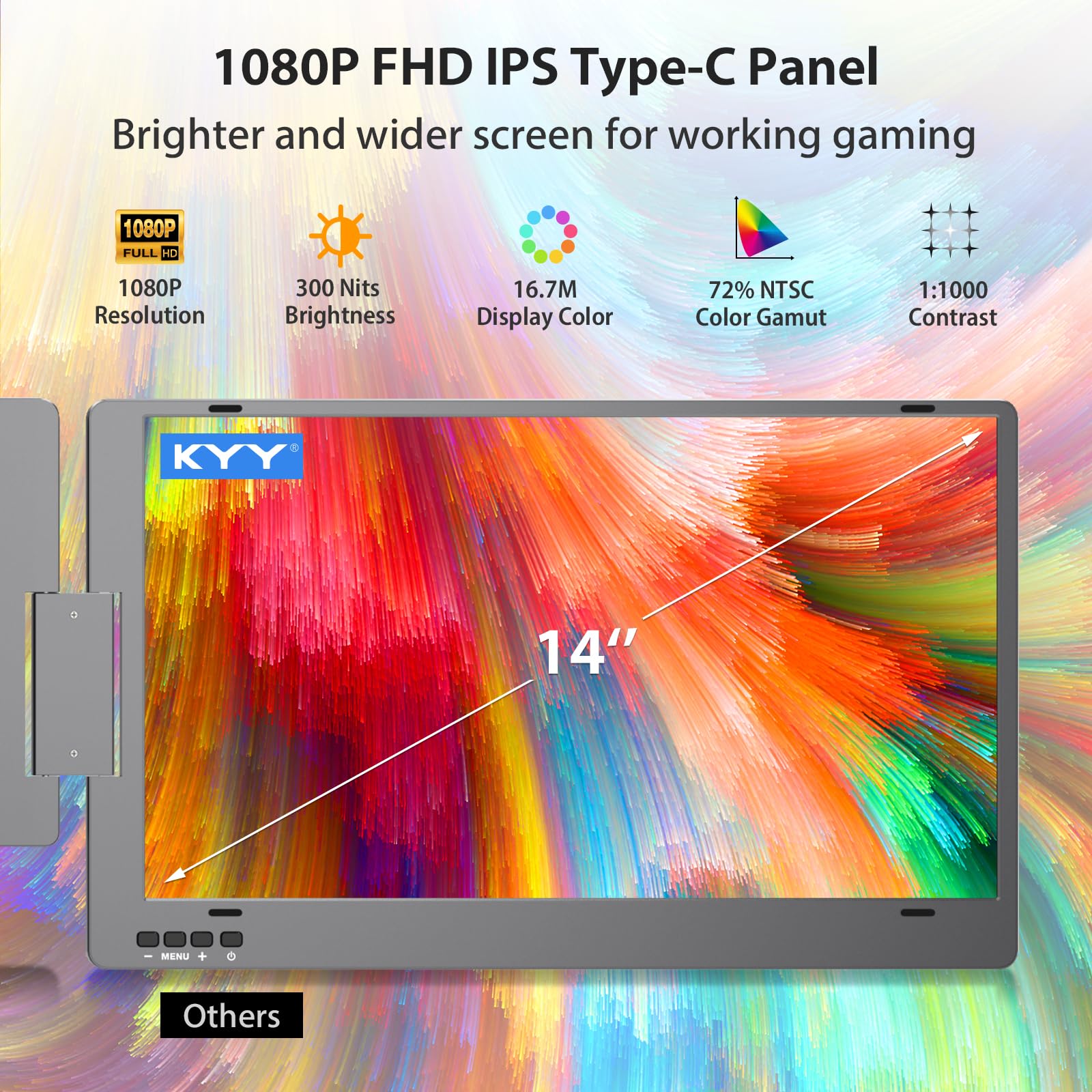 Kyy Triple Laptop Screen Extender, 14'' 1080P Fhd Ips Dual Portable Extended Monitor, Usb C Travel For 12 16'' Laptop, 210Rotati