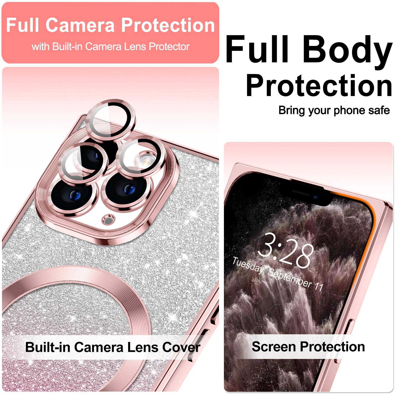 Hython For Iphone 11 Pro Max Case Clear Magnetic Glitter Phone Cases [Compatible With Magsafe] Full Camera Lens Protector Gradie