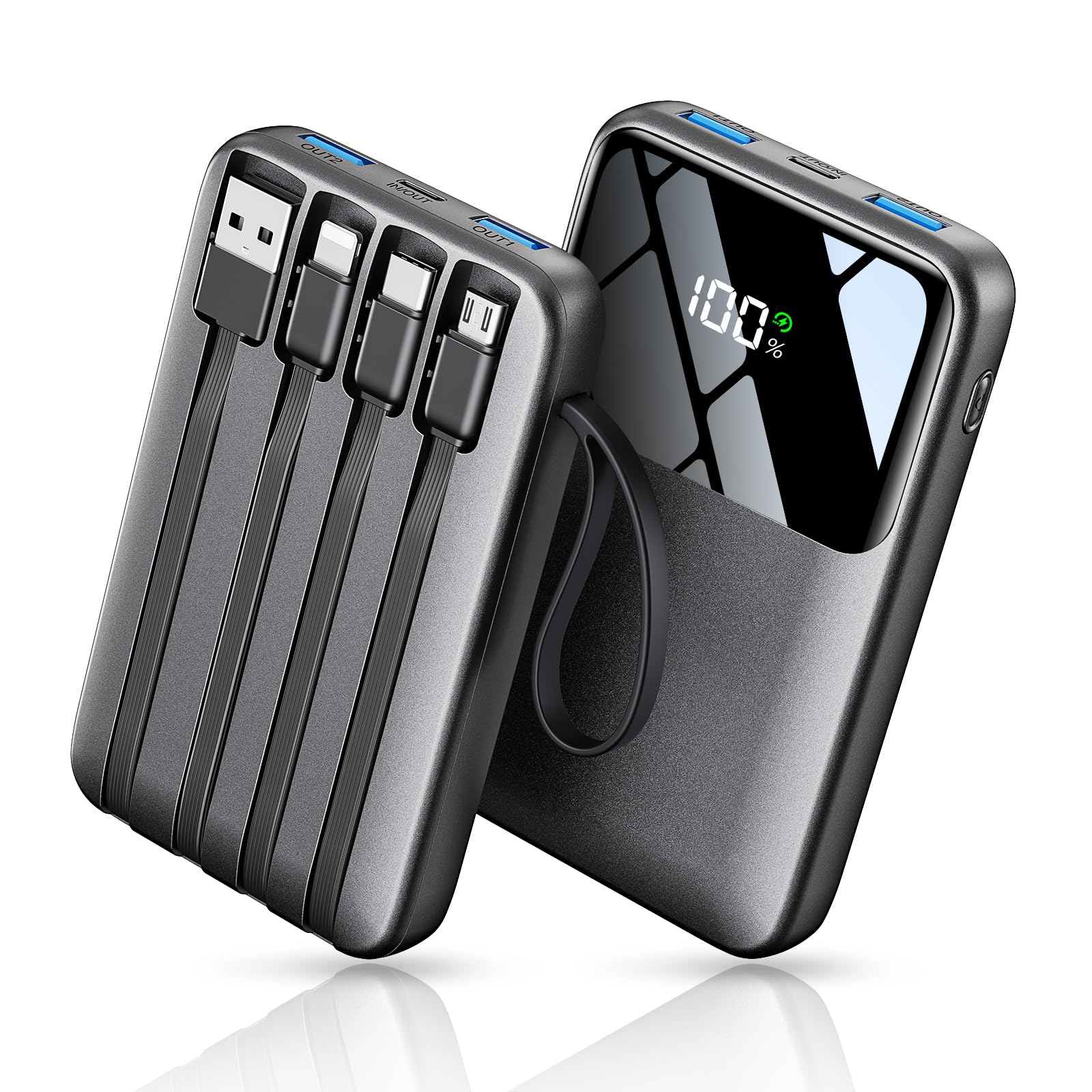 Power Bank, 15000mAh Portable Charger with Built in Cable, 22.5W Fast Charging, 6 Outputs, Slim Travel Essential Battery Pack wi