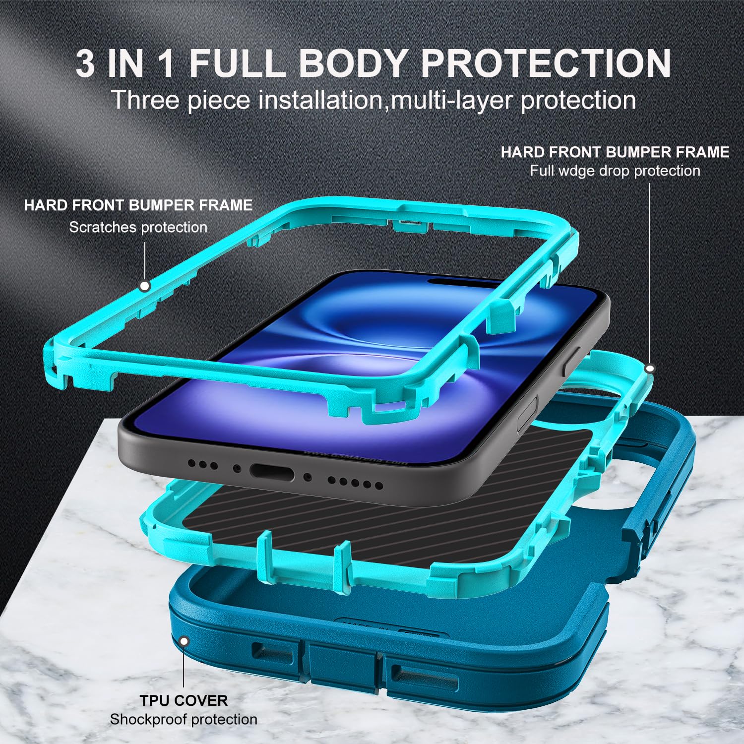 Ykhjklec For Iphone 16 Case, Military Grade 3 In 1 Heavy Duty Shockproof/Drop Proof/Dust Proof Case With 2Pcs Tempered Glass Scr
