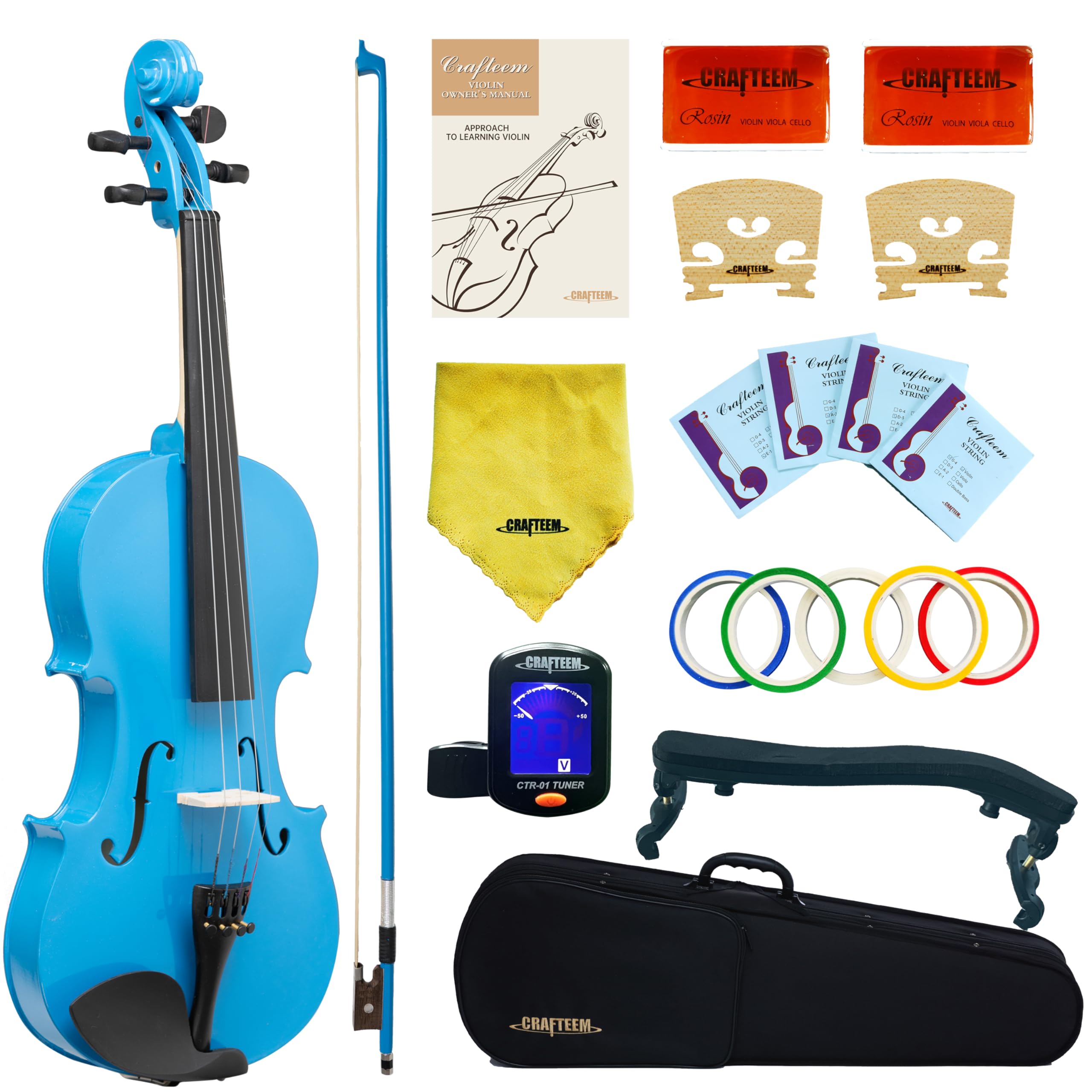 Crafteem 4/4 Full Size Fiddle Blue Colored Premium Violin Outfit for Beginners Adults Kids With 5 Color Fingering Tape- Handcraf