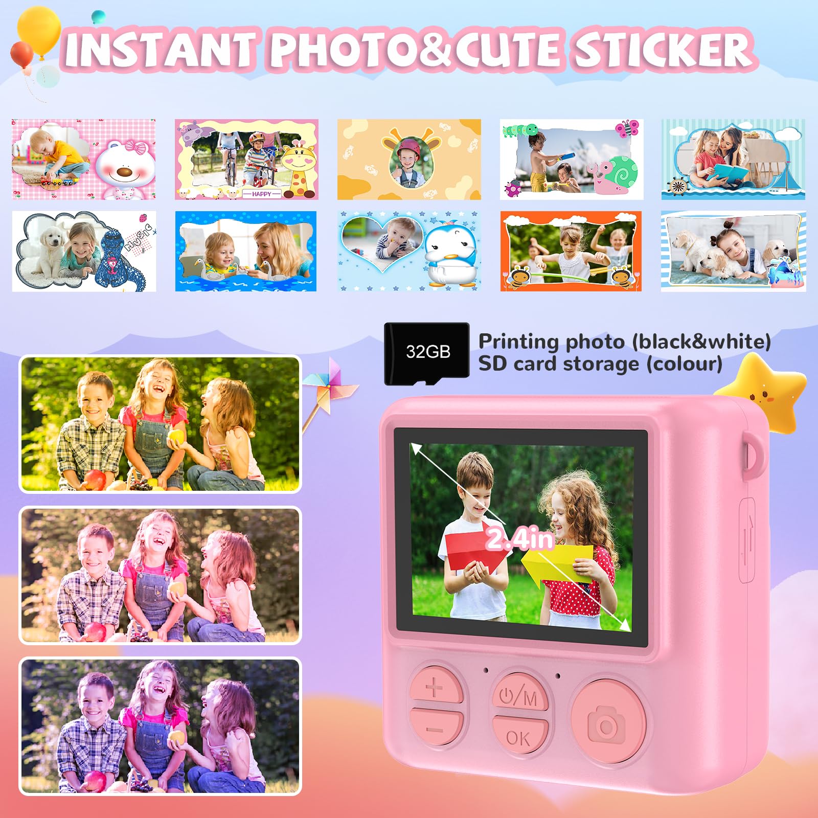Jpverly Instant Print Camera For Kids   Hd Video, 32Gb Sd Card, Portable Toy For Girls & Boys Age 3 12, Christmas Birthday Gifts