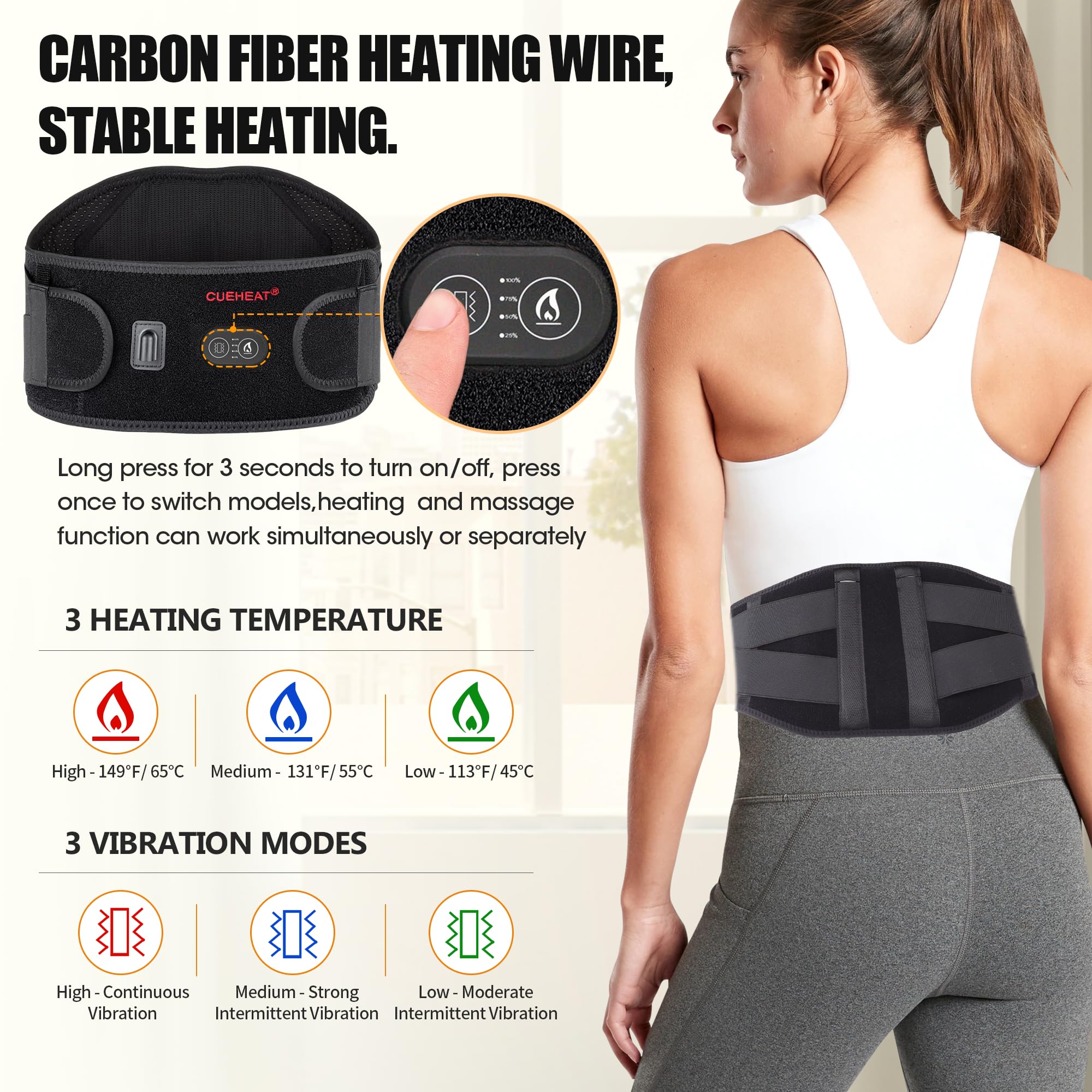 Cueheat Heated Waist Belt, Cordless Heating Pad For Low Back, Electrical Heating And Massage, Rechargeable Battery Powered (Dark