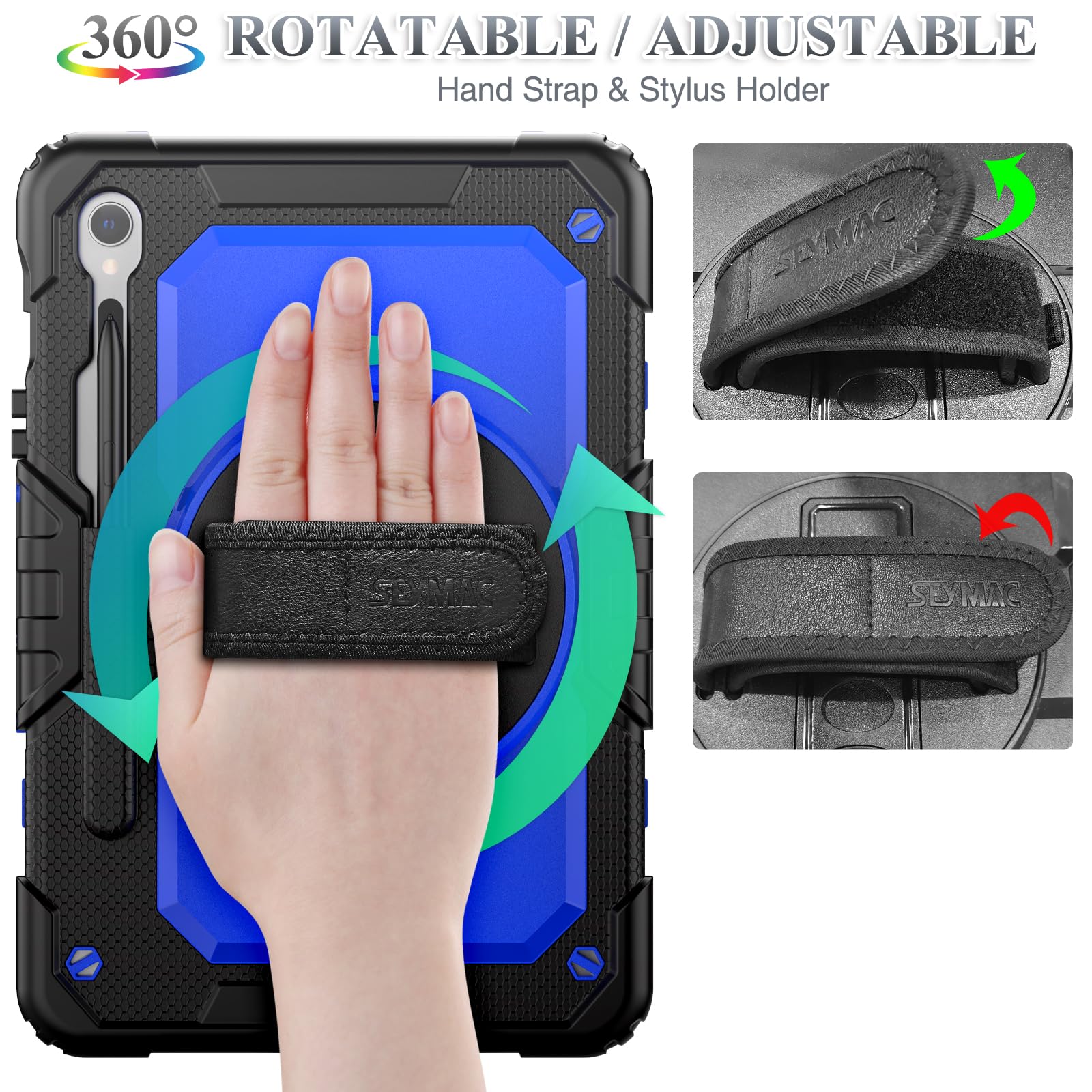 Seymac Stock Case For Samsung Galaxy Tab S9/ S9 Fe 5G Tablet Case With Screen Protector Pencil Holder [360 Rotating Hand Strap]