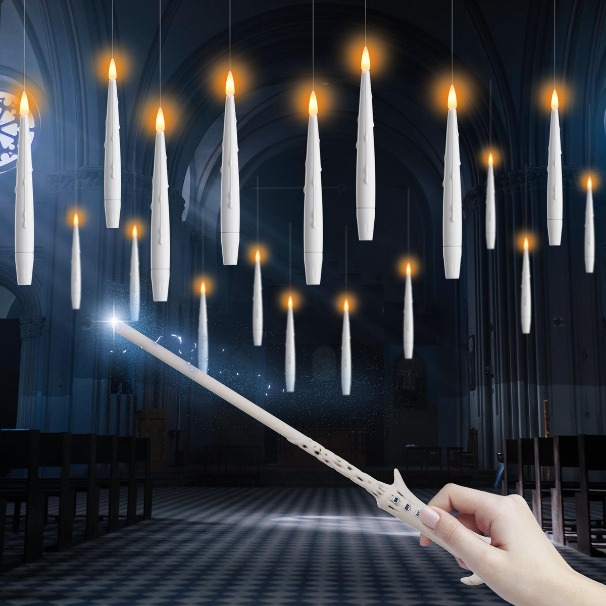 Afineth Floating Candles With Wand, Magic Hanging Candles, Flickering Flameless Floating Led Candles, White Battery Operated Ele