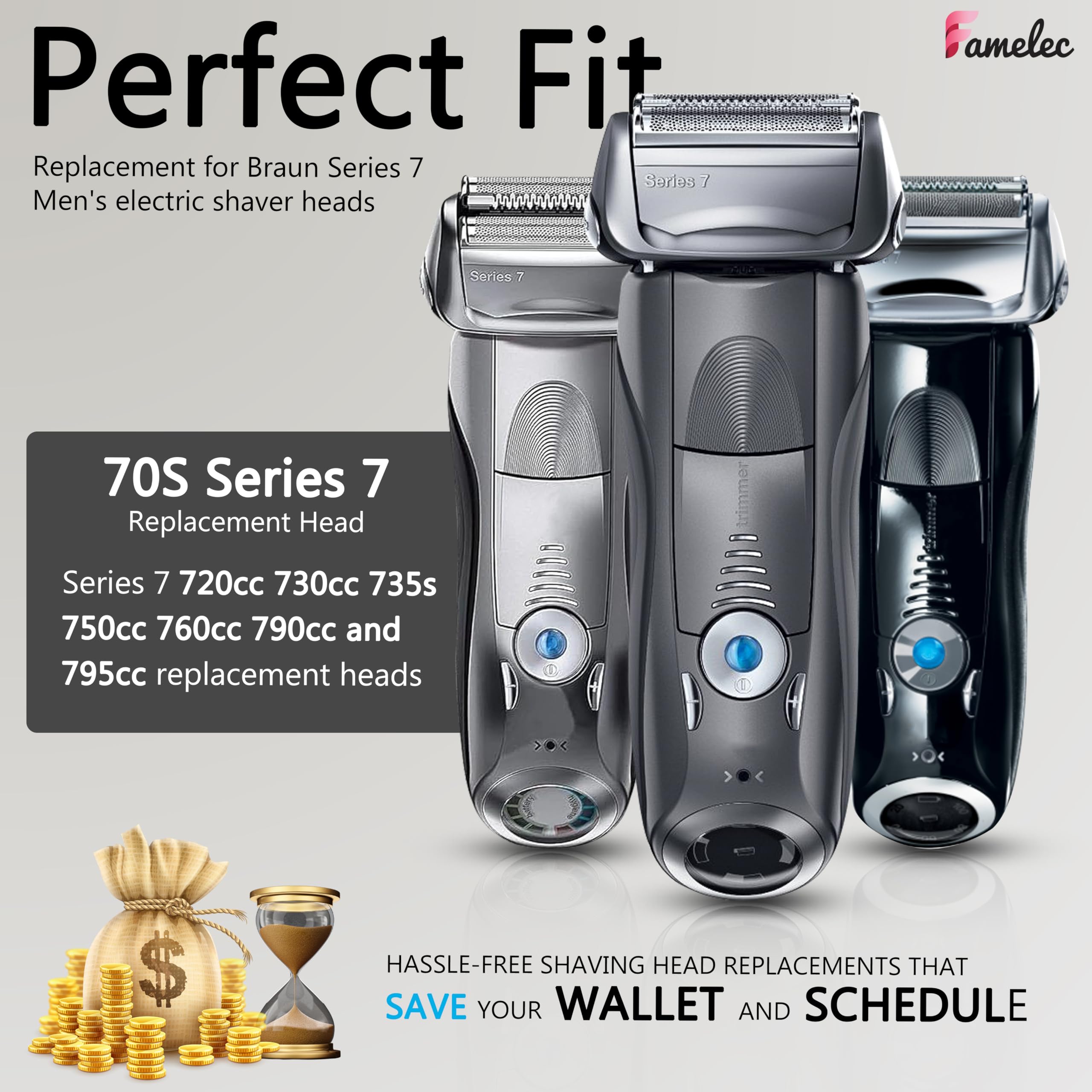 Famelec Upgrade 70S Series 7 For Braun Razor Replacement Head, Replacement Cassette Foil And Cutter For Braun Pulsonic & Series