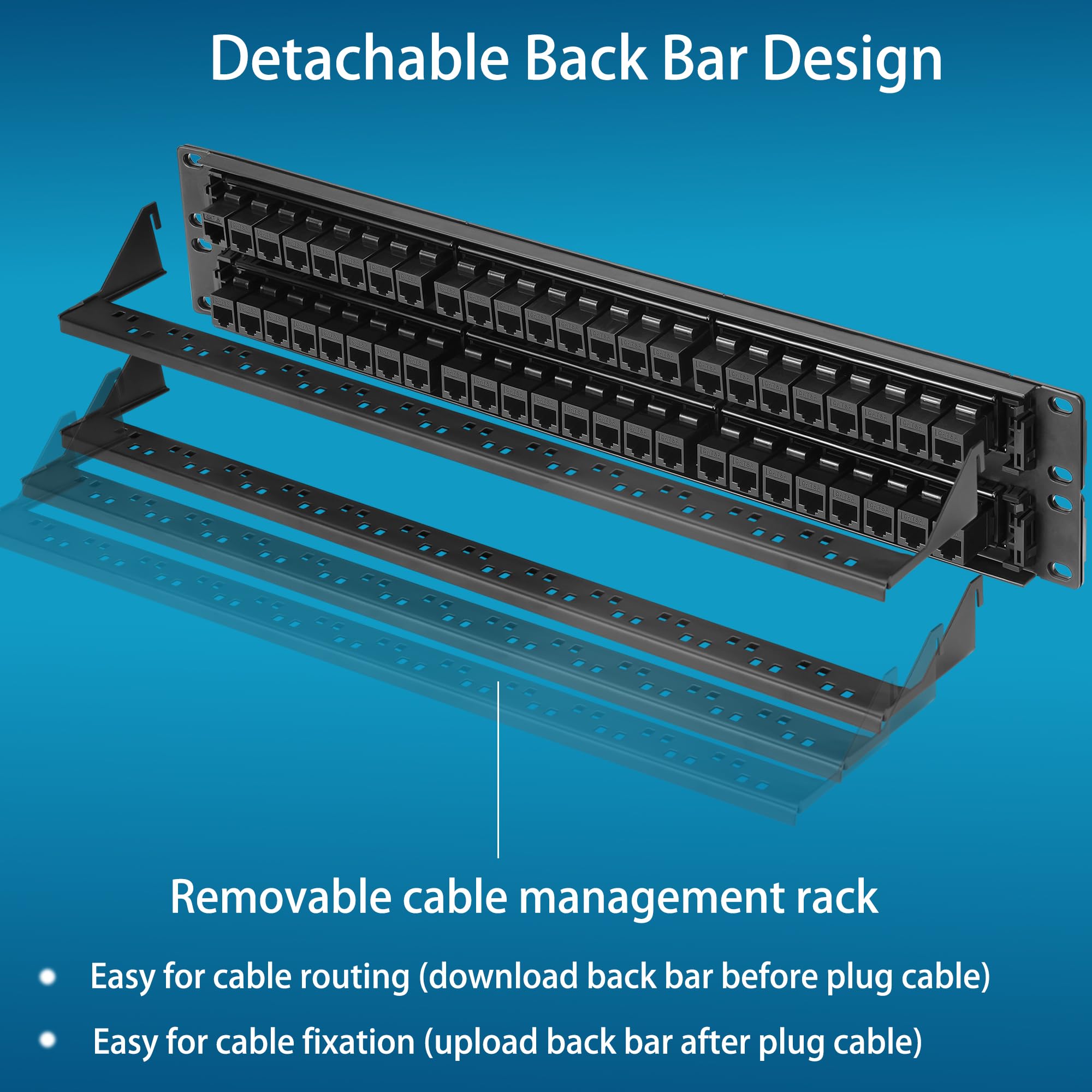 Rapink Patch Panel 48 Port Cat6A With Inline Keystone 10G Support, Pass Thru Coupler Utp 19 Inch With Removable Back Bar, 1U Network Patch Panel For Cat6A,Cat6, Cat5E, Cat5 Cabling