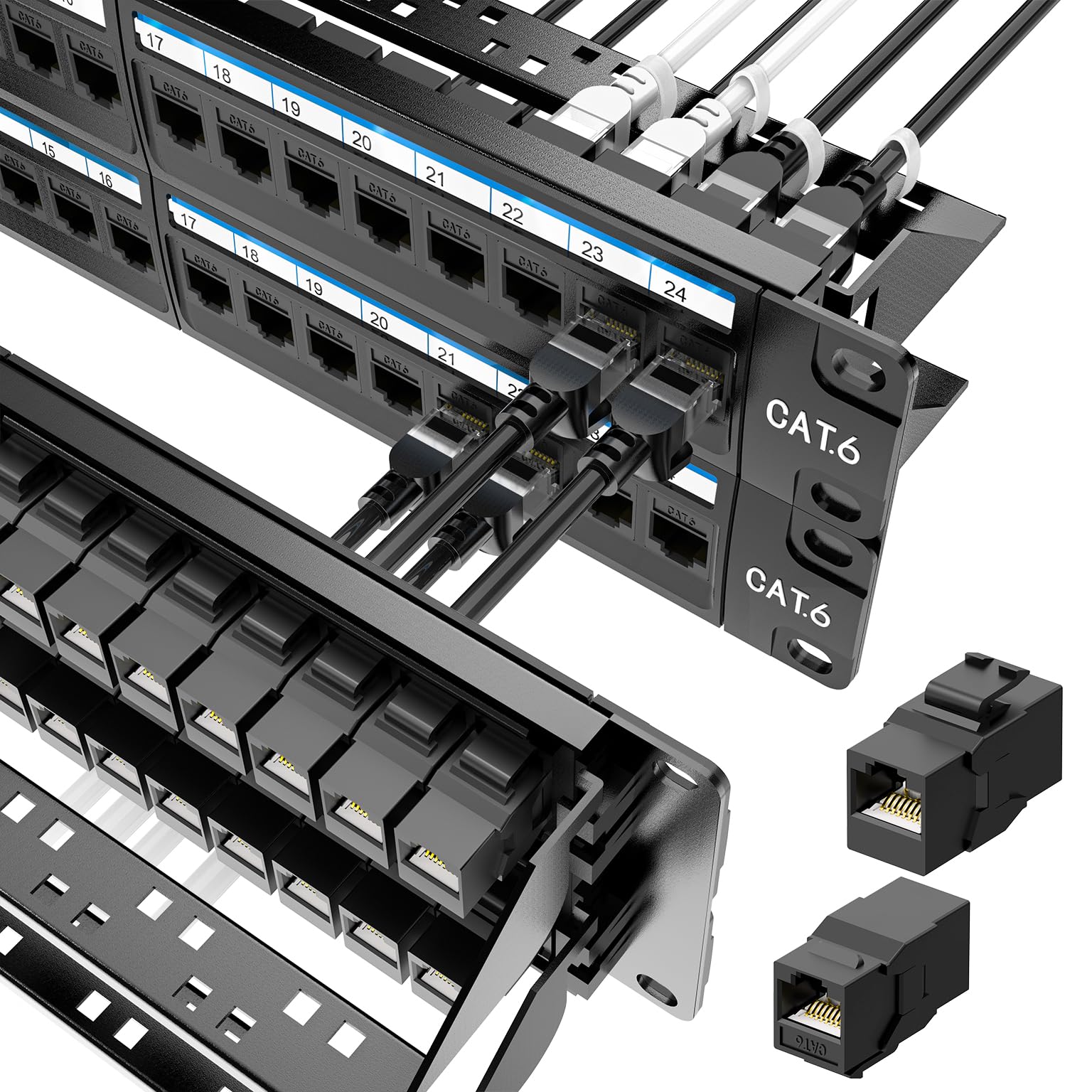 Jadaol [UL Listed] 48 Port Patch Panel Rackmount or Wall Mount 19-Inch, 2U Cat 6 Network Panel Preloaded with 48 Keystone Couple