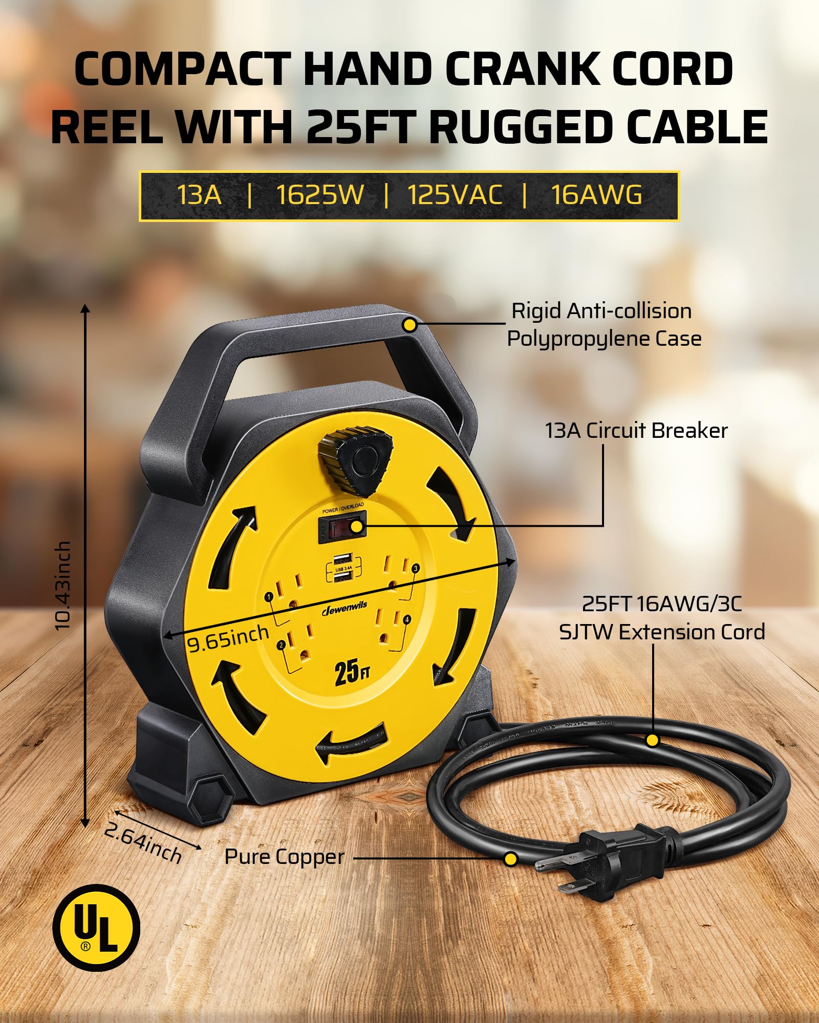 Dewenwils Cord Reel With 4 Power Outlets, 2 Usb Ports(3.4A Fast Charge), 25Ft Retractable Extension Cord Reel, Heavy Duty Sjtw 1