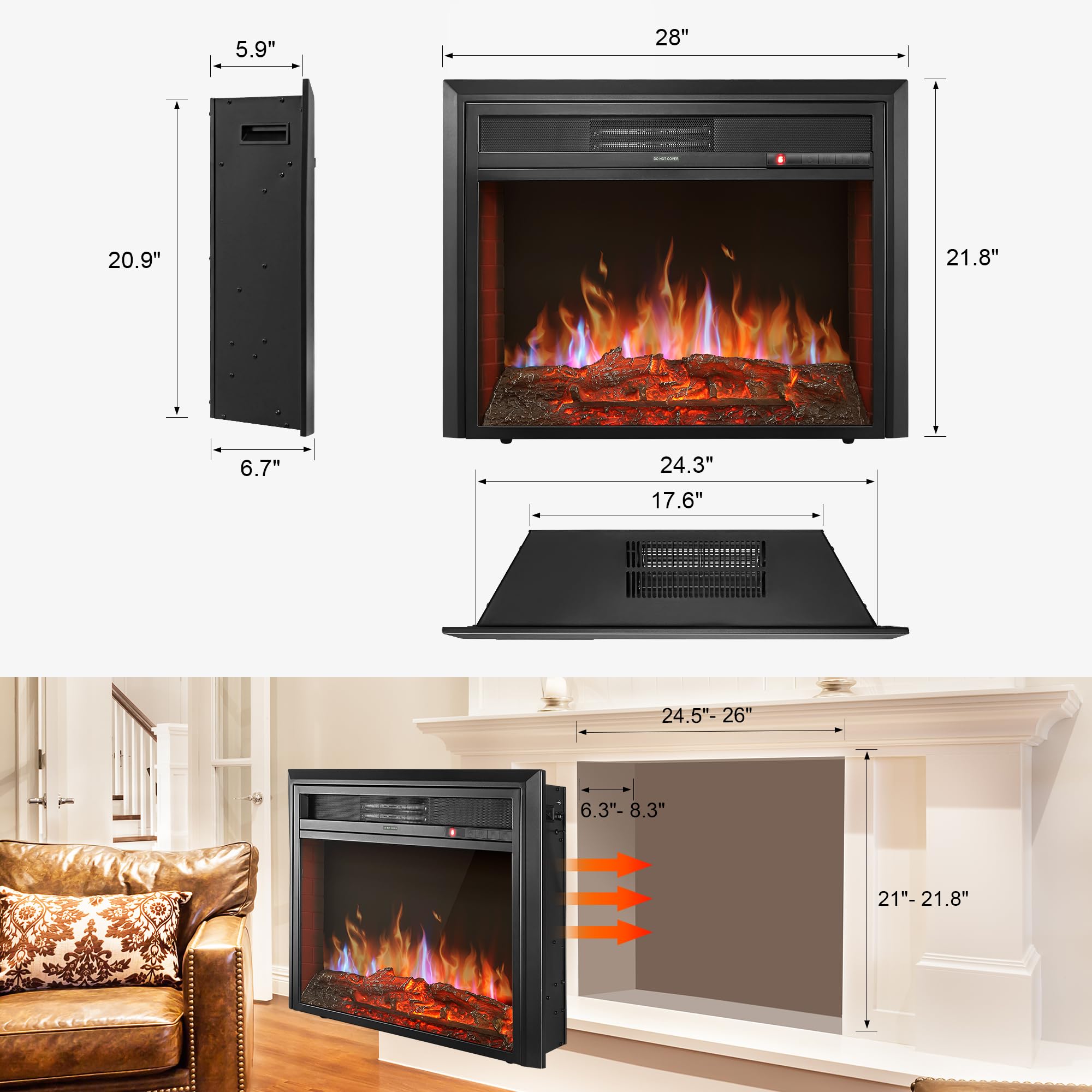 28'' Electric Fireplace Inserts Heater   Recessed Fire Places Electric Fireplace Insert With Remote Control, 8H Timer, 6 Brightn