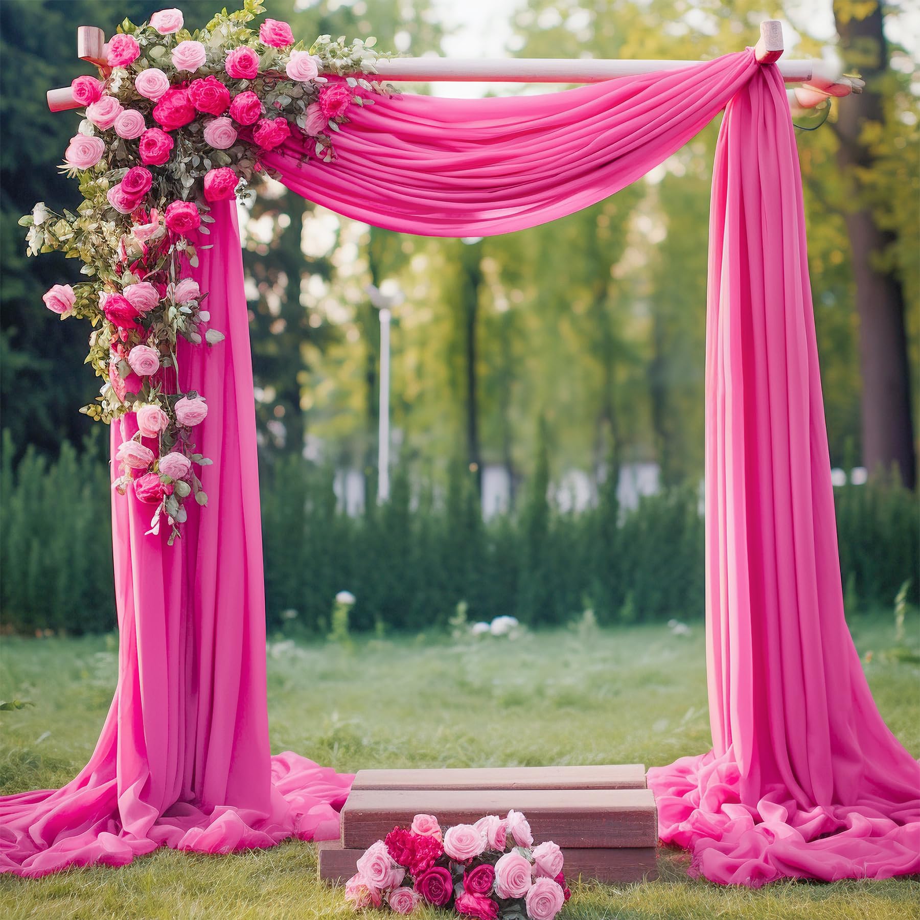Wedding Arch Draping Fabric,2 Panels 18Ft Hot Pink Sheer Chiffon Curtain Drapes 6 Yards For Wedding Ceremony Birthday Party Deco
