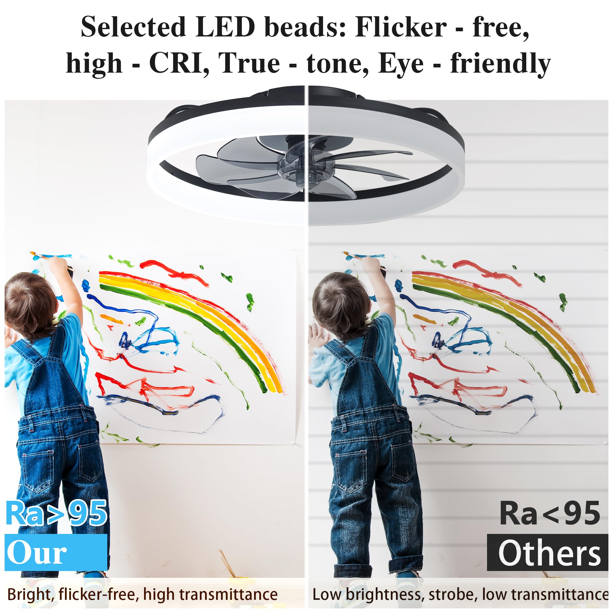 Ceiling Fans With Lights And Remote Fandelier   Black Ceiling Fans For Bedroom   Low Profile Modern Ceiling Fan   20'' Flush Mou