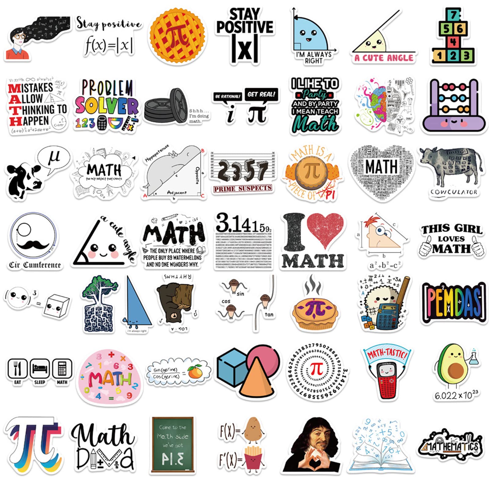 50Pcs Funny Math Stickers For Kids Students Math Related Gifts Stickers Waterproof Vinyl Phone Skateboard Laptop Stickers, Scien