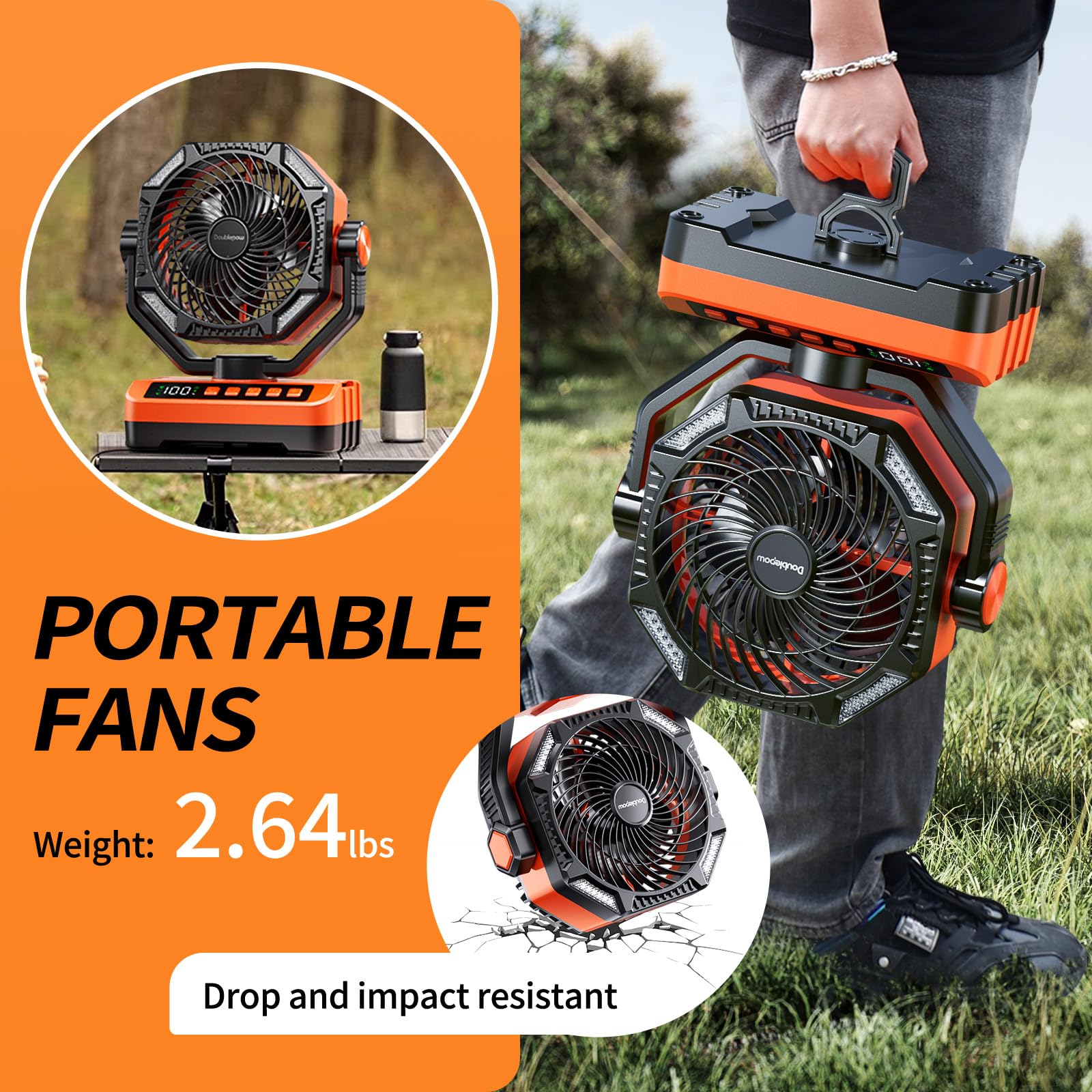 Camping Led Fan With Light, 40000Max Rechargeable Battery Powered Outdoor Tent Fan With Light And Hook, 4 Speed, Personal Usb De