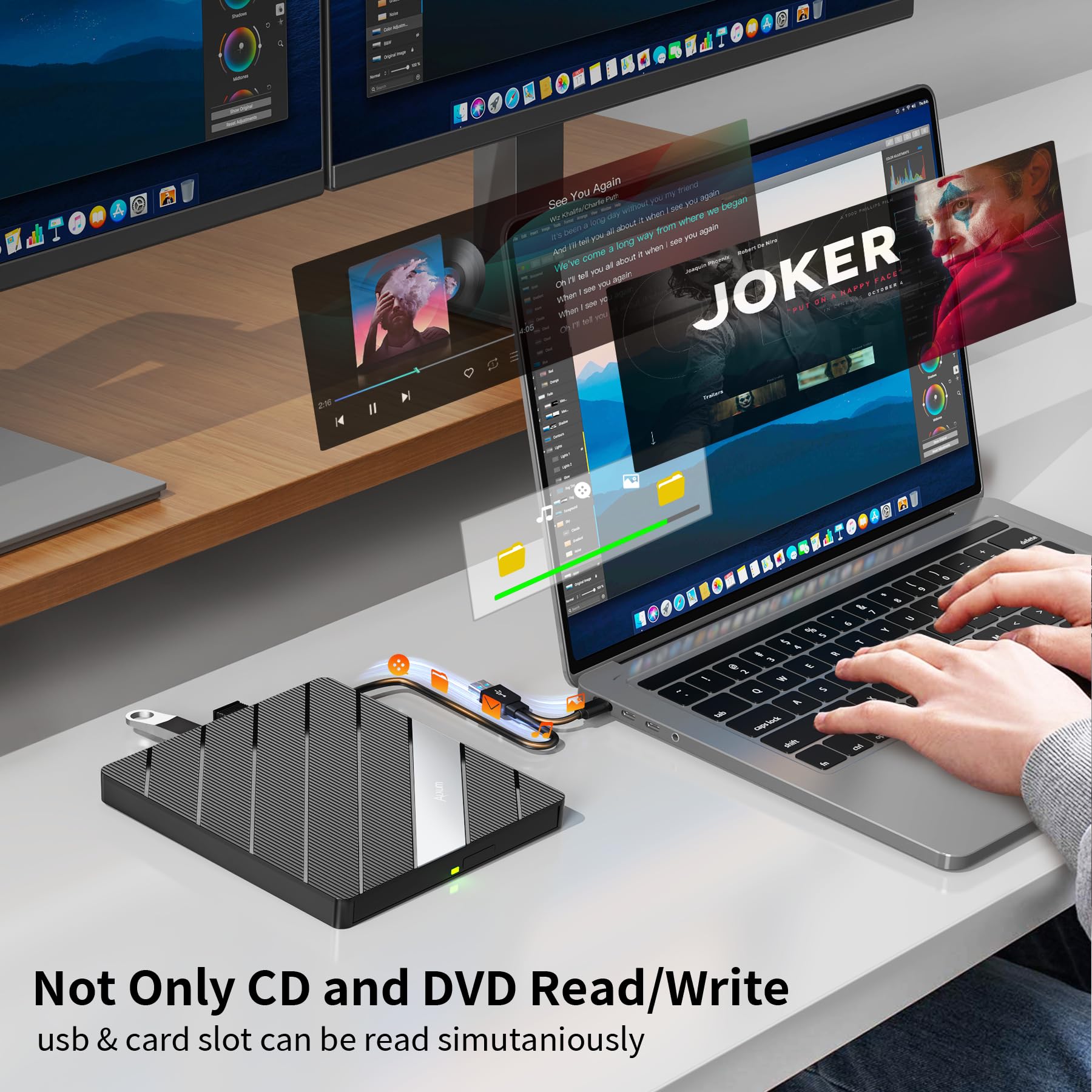 Alxum External Cd Dvd Drive For Laptop, 8 In 1 Portable Cd Dvd Burner Rewriter With Multiple Ports Support Faster Transfer Speed