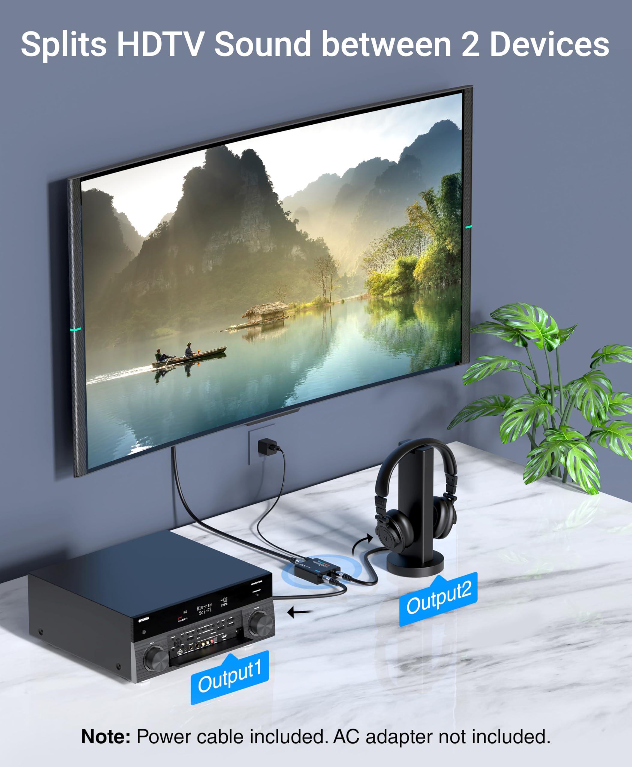 Bluerigger Digital Optical Audio Splitter (Active Toslink Splitter 1 In 2 Out, Spdif, Fiber Optic Adapter) - Compatible With Hom