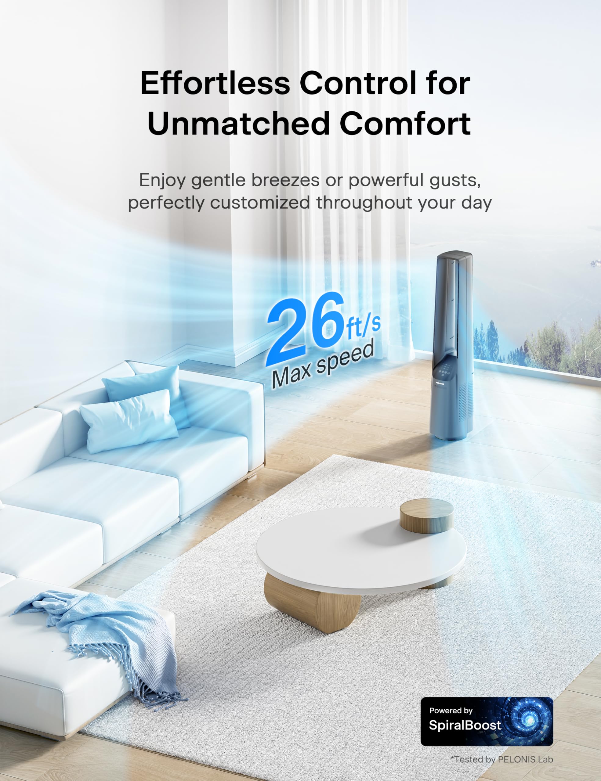 Pelonis 40'' Bladeless Tower Fan With Powerful Airflow, Ultra Quiet Dc Motor (20 Db), 6 Speeds, 4 Modes, Remote Control, 7 Hour