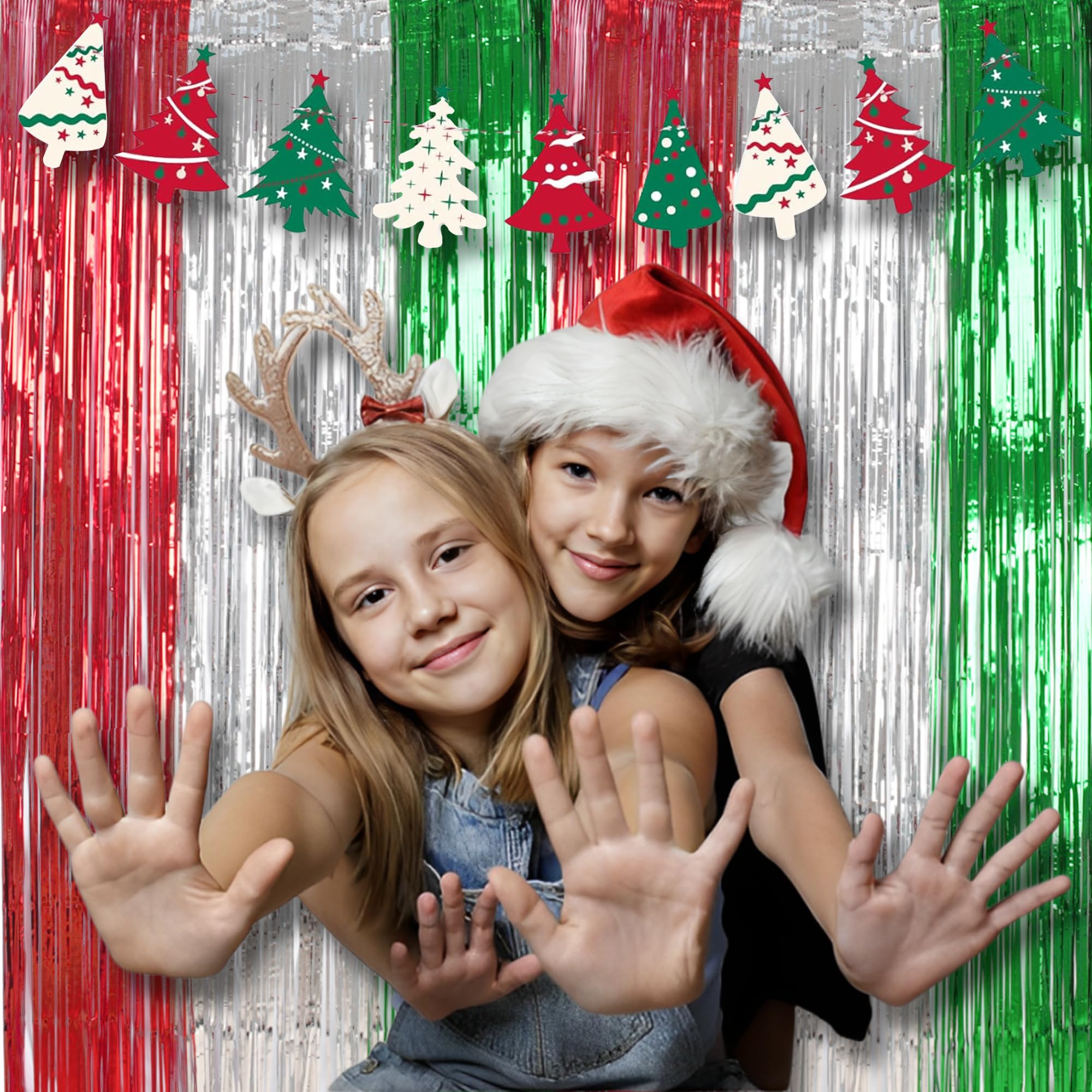 Braveshine 2 Pack Christmas Fringe Backdrop Red Silver Green Christmas Party Decorations 3.2 X 6.6 Ft Tinsel Foil Curtain Party