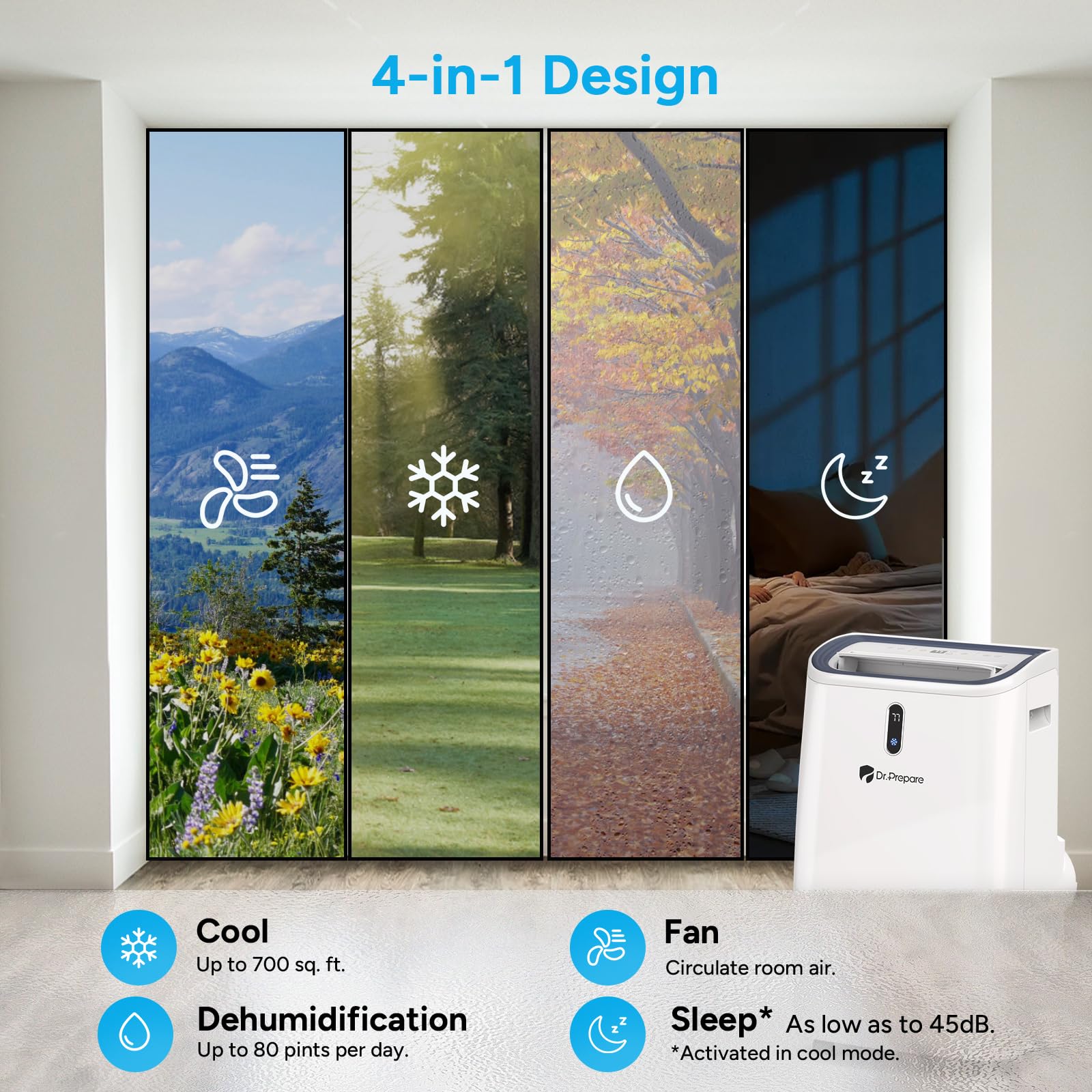 Dr.Prepare 14,000 Btu Portable Air Conditioner With Wifi Enabled, Cooling, Dehumidifier, Fan & Sleep Modes 4-In-1 Portable Ac W/