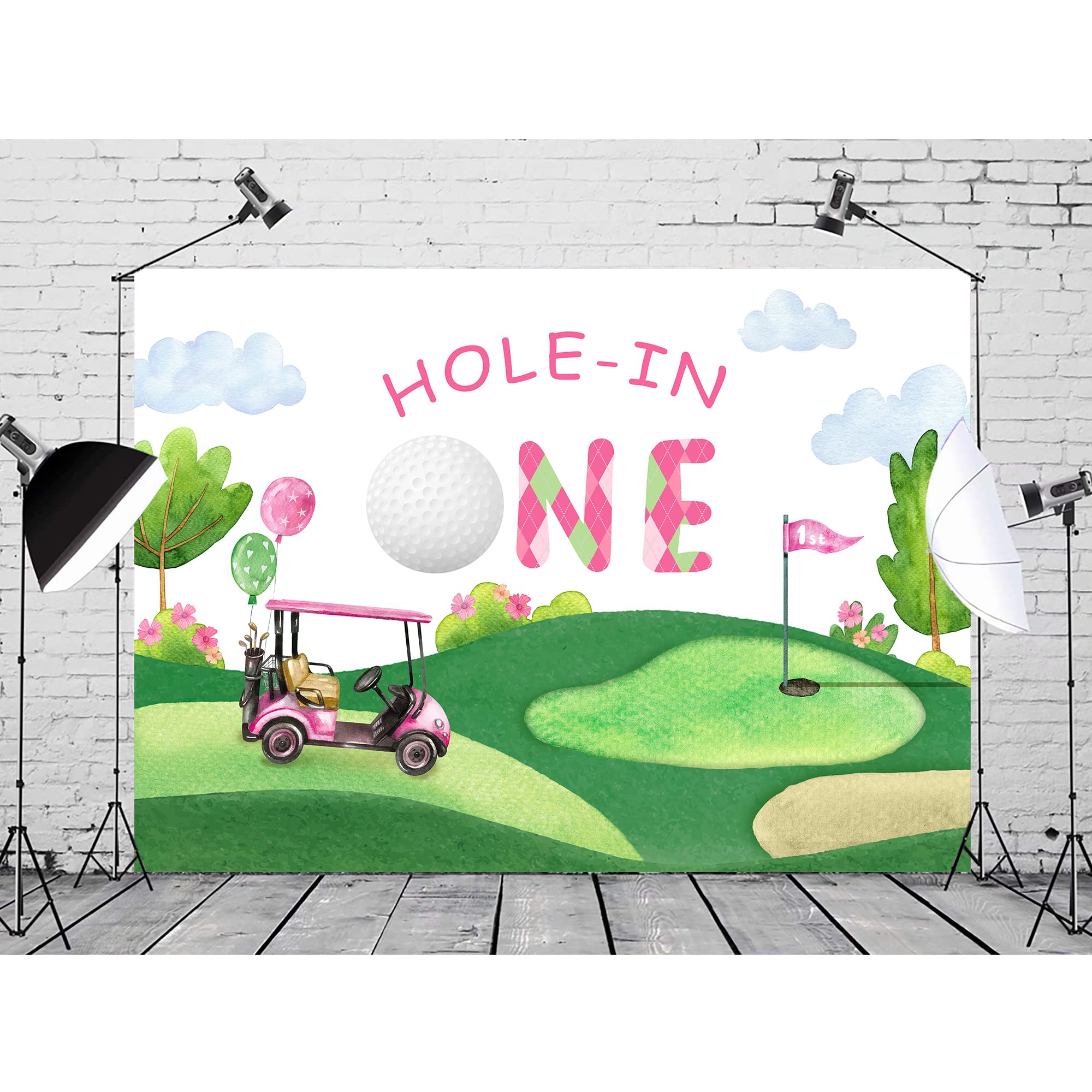 Svbright Hole In One 1St Birthday Backdrop 7Wx5H Kids First Bday Golf Sports Theme Blue Sky White Clouds Grass For Girls Party C
