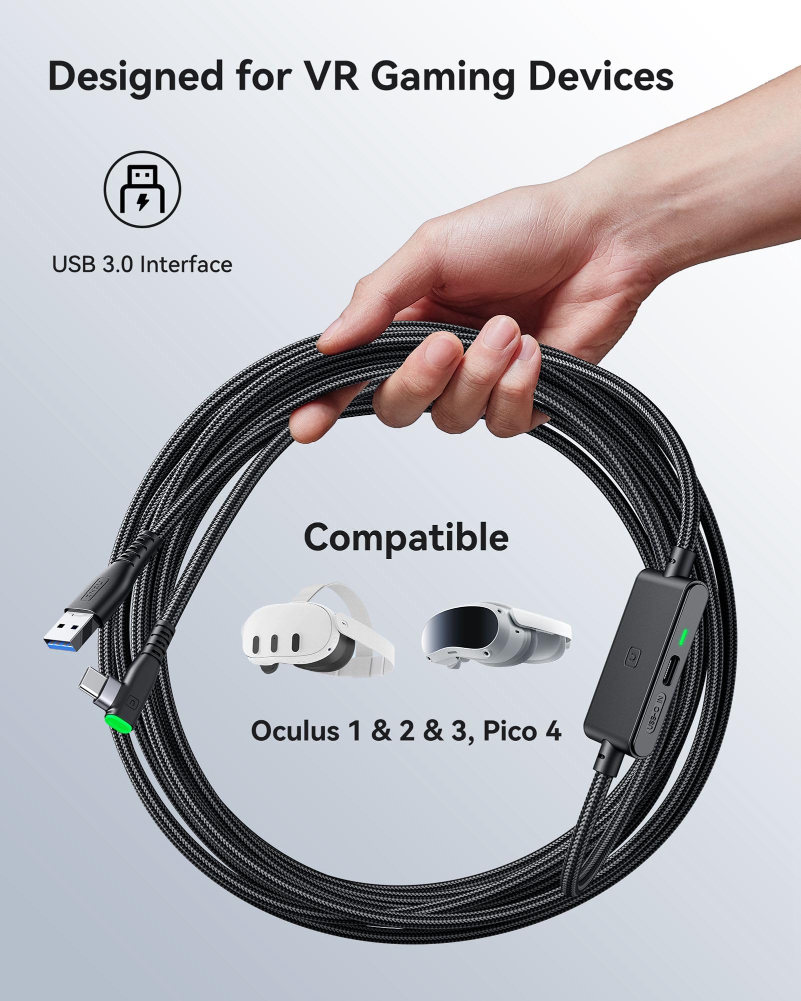 INIU 16ft USB C Link Cable for VR Headset, High Speed Data Transfer, Black, Model DI-401, Compatible with Meta Oculus Quest 3, Pico 4, Steam VR