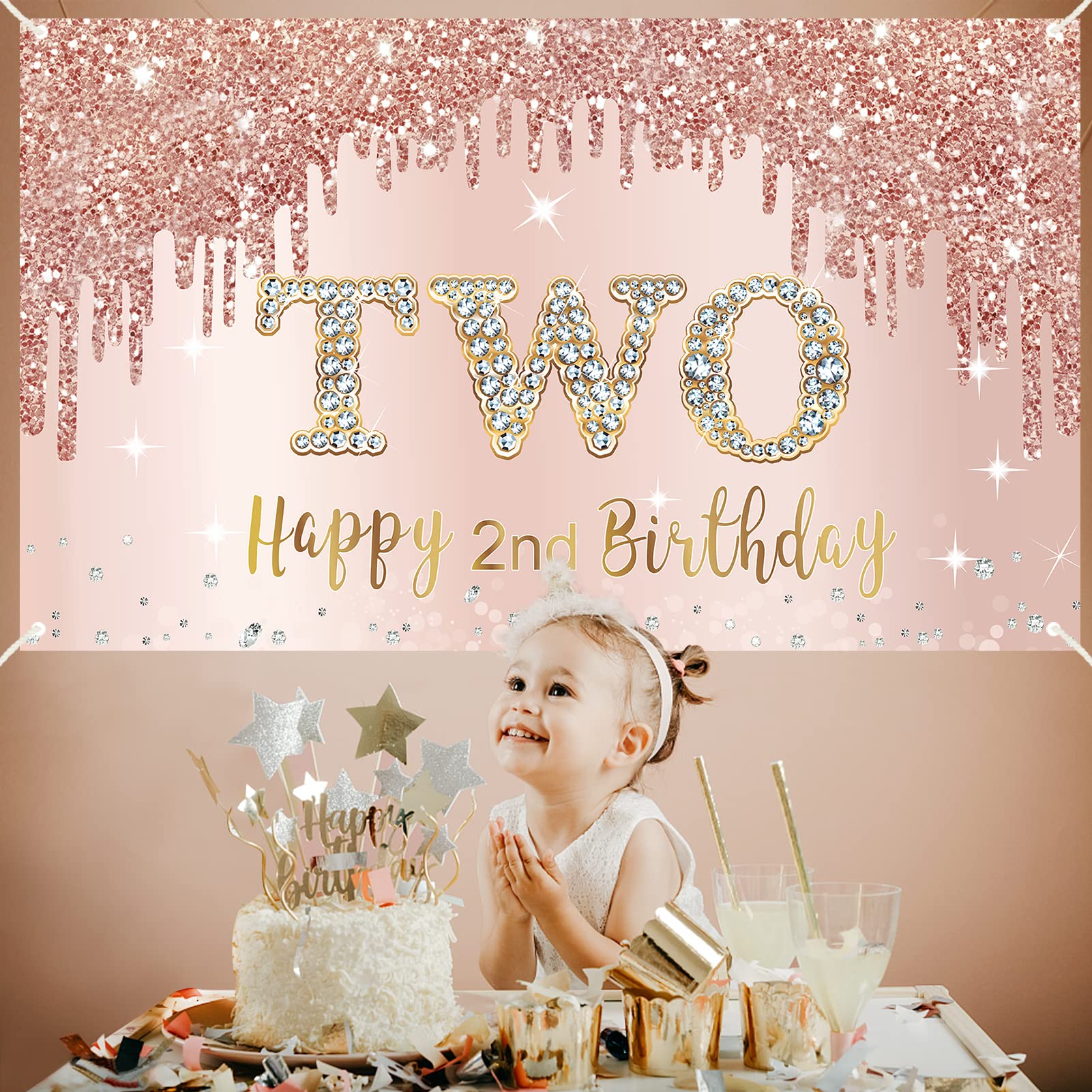 2Nd Birthday Banner Backdrop Decorations For Girls, Rose Gold Happy 2 Year Old Birthday Sign Party Supplies, Pink Second Birthda