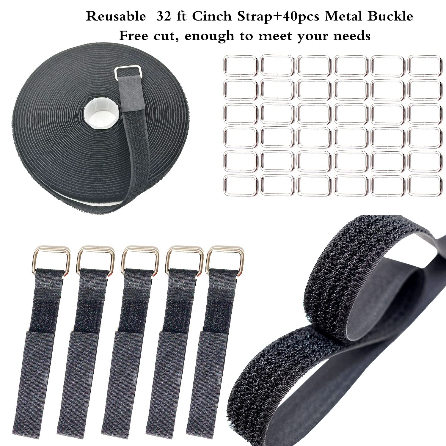 Reusable Hook And Loop Straps With 40 Metal Buckles, 32Ft 3/4'' Wide Adjustable Cable Straps, Hook And Loop Cable Ties, Black Ny